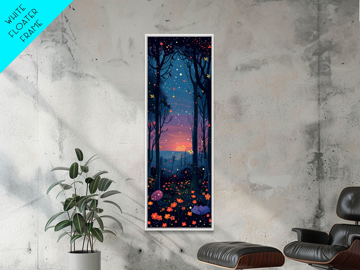 Majestic Nightfall Amidst Illuminated Trees Skinny Art Tall Art Framed Canvas Print Japanese Style Art Ukiyo-e Art Wood Block Print Tranquil Decorative
