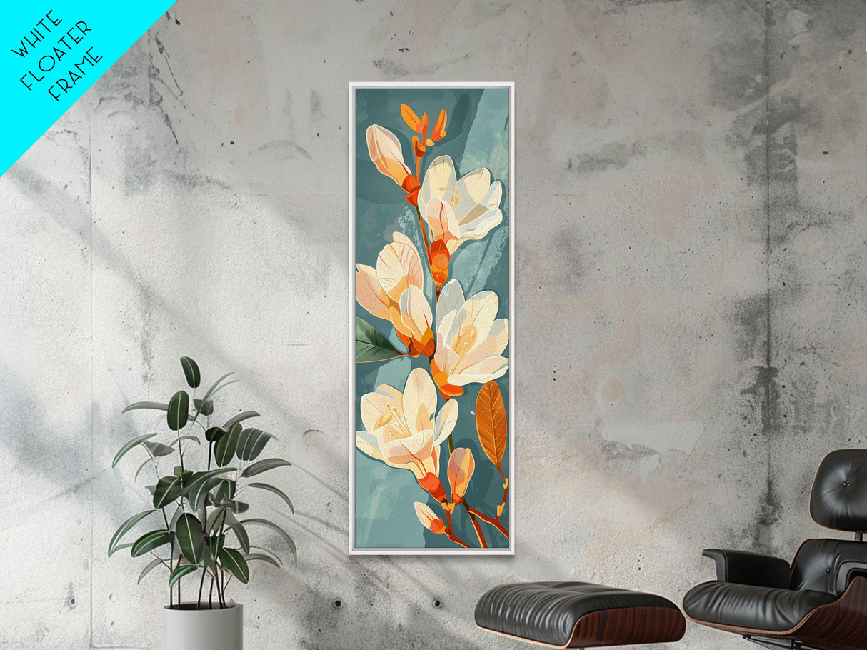 Light Cream Magnolia Blooms On Abstract Background Skinny Art Tall Art Framed Canvas Print Japanese Style Art Ukiyo-e Art Wood Block Print Delicate Decorative
