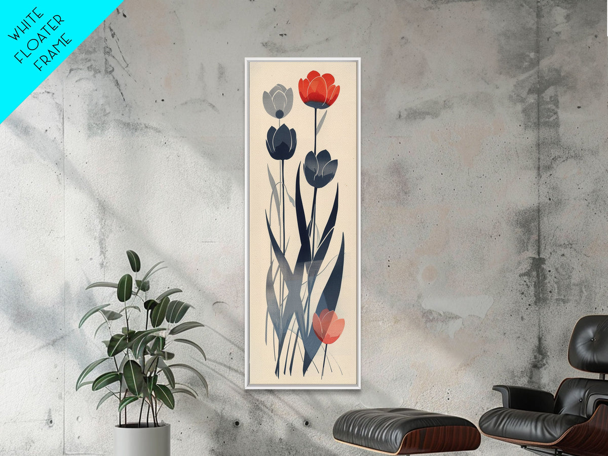 Minimalist Tulips In Red And Gray On Beige Background Framed Canvas Print Ukiyo-e Art Wood Block Print Japanese Style Skinny Art Tall Art