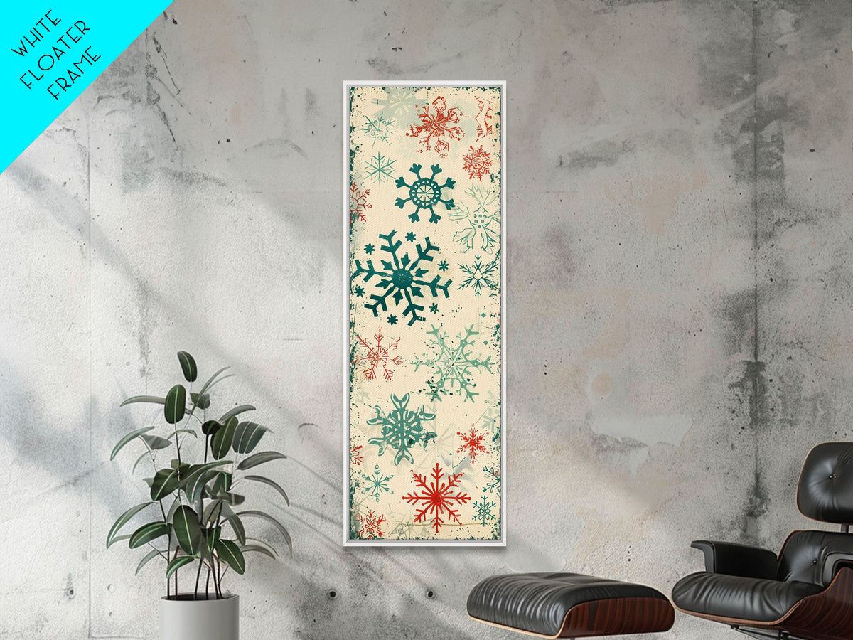 Snowflakes in Varied Sizes and Shapes Scattered on a Beige Canvas with a Distressed Texture Ukiyo-e Art Japanese Framed Canvas Print Skinny Tall Art