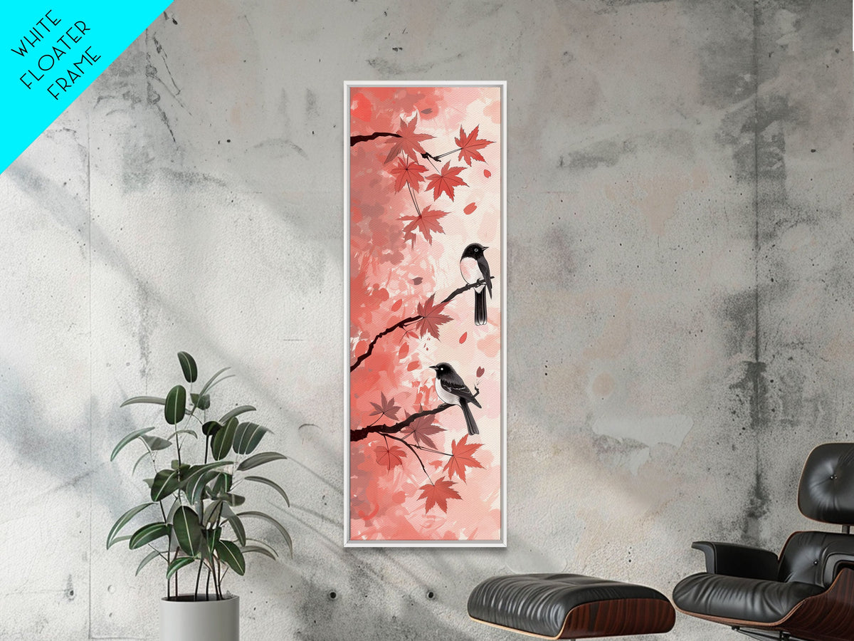 Red and Black Maple Leaves with Birds Perched on Branches Japanese Framed Canvas Print Ukiyo-e Art Skinny Tall Art