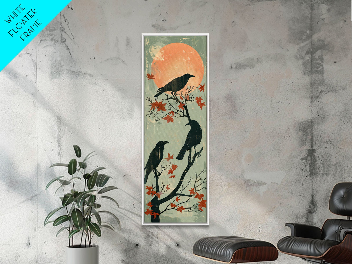 Black Crows Japanese Art Skinny Wall Art Framed Canvas Print on Branches with Red Maple Leaves Against Warm Orange Sun