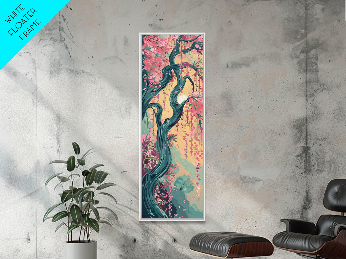 Japanese Garden Tree Skinny Wall Art Framed Canvas Print with Twisting Branches and Pink Blossoms in Warm Sunset Colors