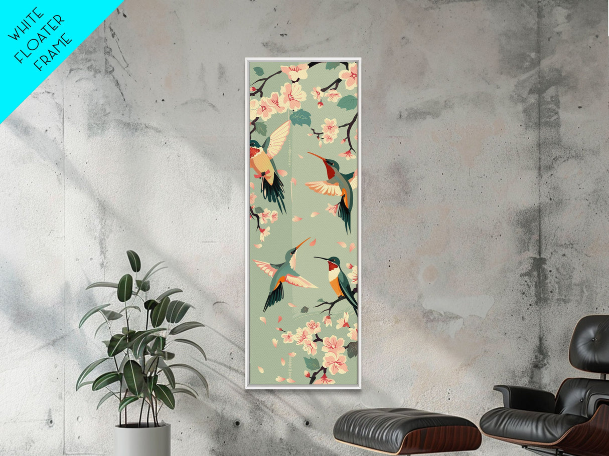 Hummingbirds And Cherry Blossoms In Japanese Style Canvas, Ukiyo-e Inspired Woodblock Art, Framed Canvas Print, Japanese Tall Skinny Wall Art, Ready To Hang