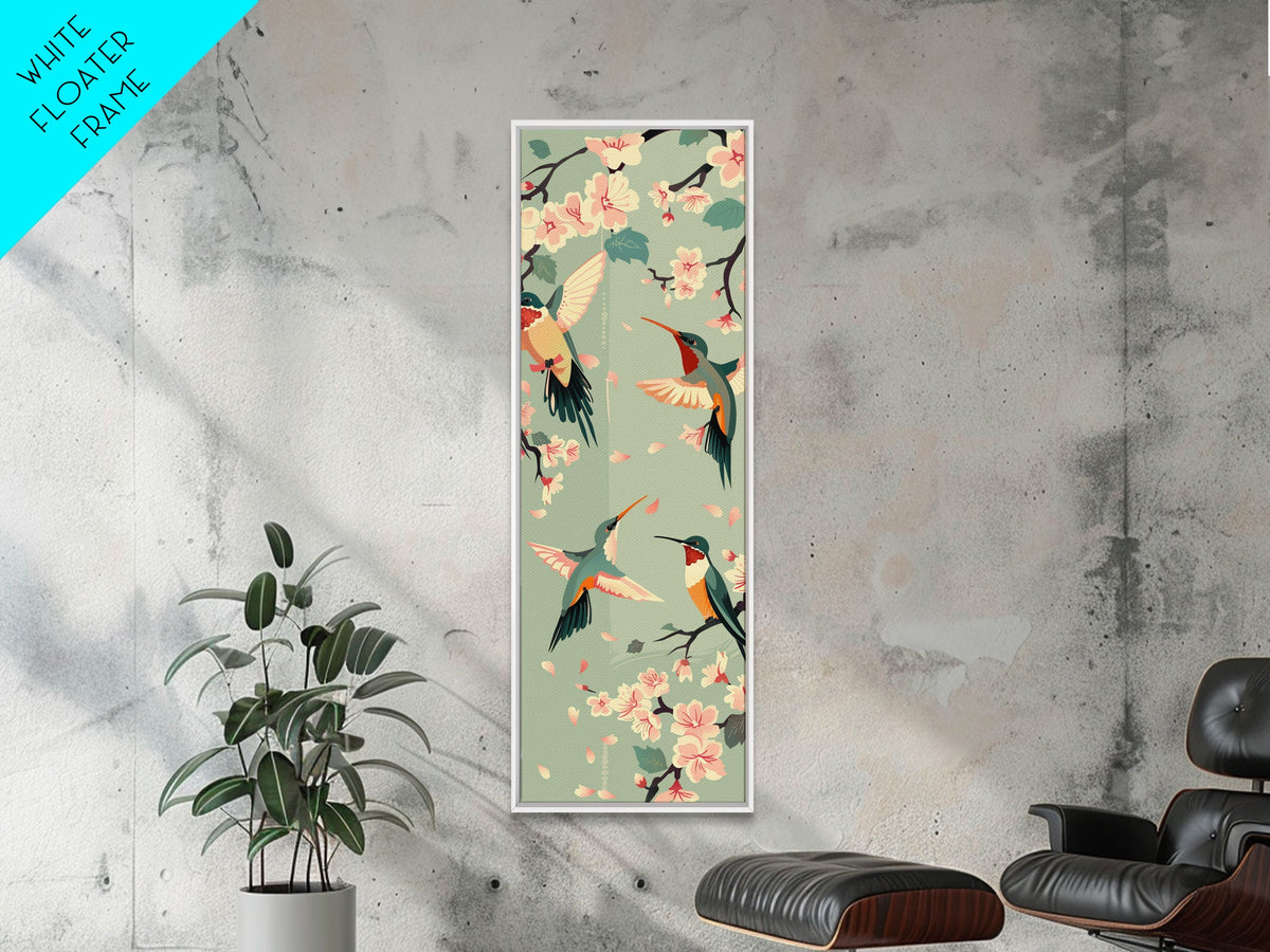 Hummingbirds And Cherry Blossoms In Japanese Style Canvas, Ukiyo-e Inspired Woodblock Art, Framed Canvas Print, Japanese Tall Skinny Wall Art, Ready To Hang