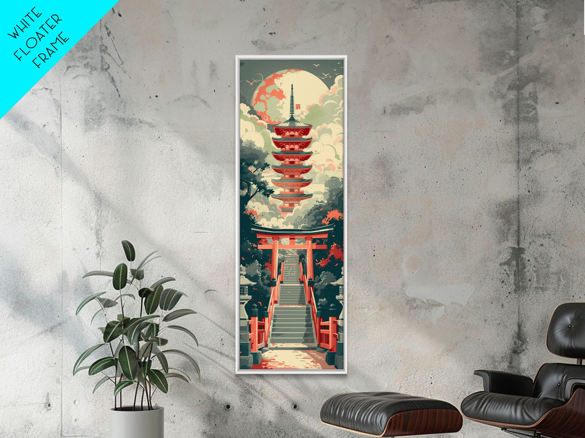 Japanese Style Art, Tall Art, Skinny Art, Pagoda Temple Wood Block Print Framed Canvas Print Ukiyo-e Art