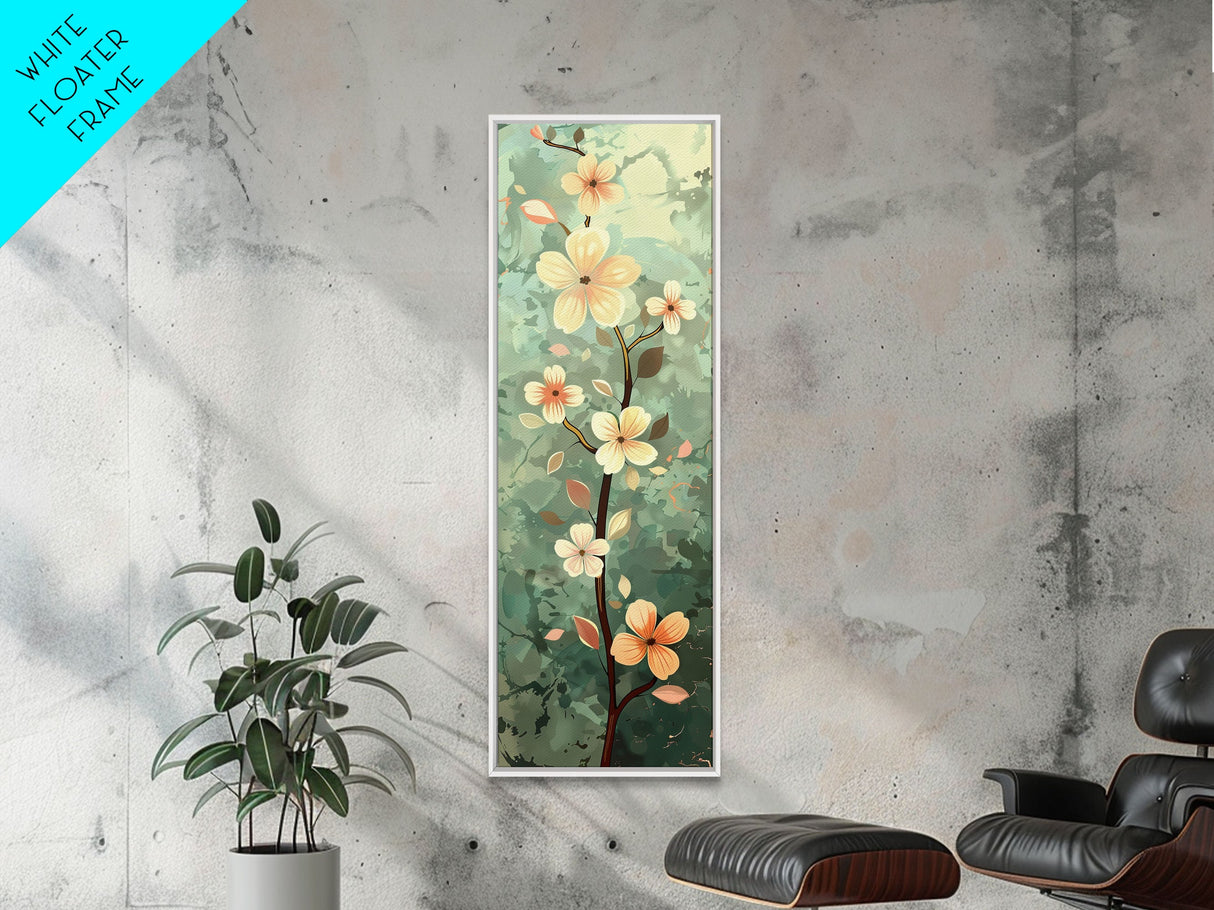 Japanese Style Art Featuring A Delicate Branch With Blooming Flowers, Skinny Art, Tall Art, Ukiyo-e Art, Framed Canvas Print, Wood Block Print