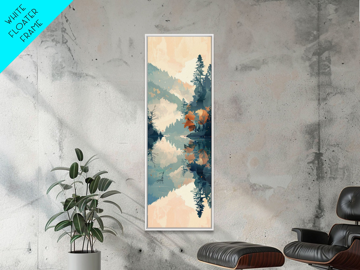 Ukiyo-e Art Depicting A Peaceful Lake Surrounded By Misty Mountains And Autumn Trees, Skinny Art, Tall Art, Framed Canvas Print, Japanese Style Art, Wood Block Print