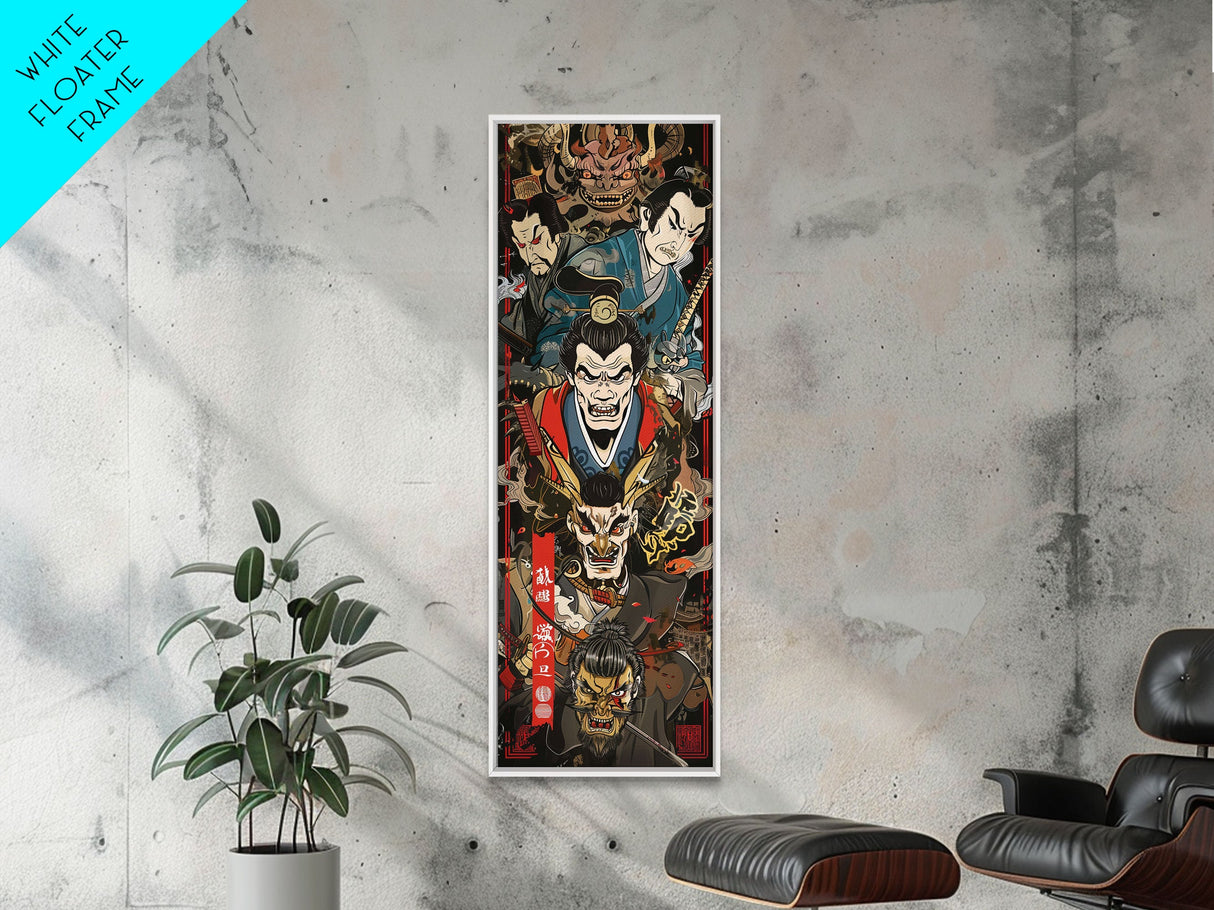 Fierce Samurai Warriors With Oni Mask Tall Art Ukiyo-e Art Wood Block Print Framed Canvas Print