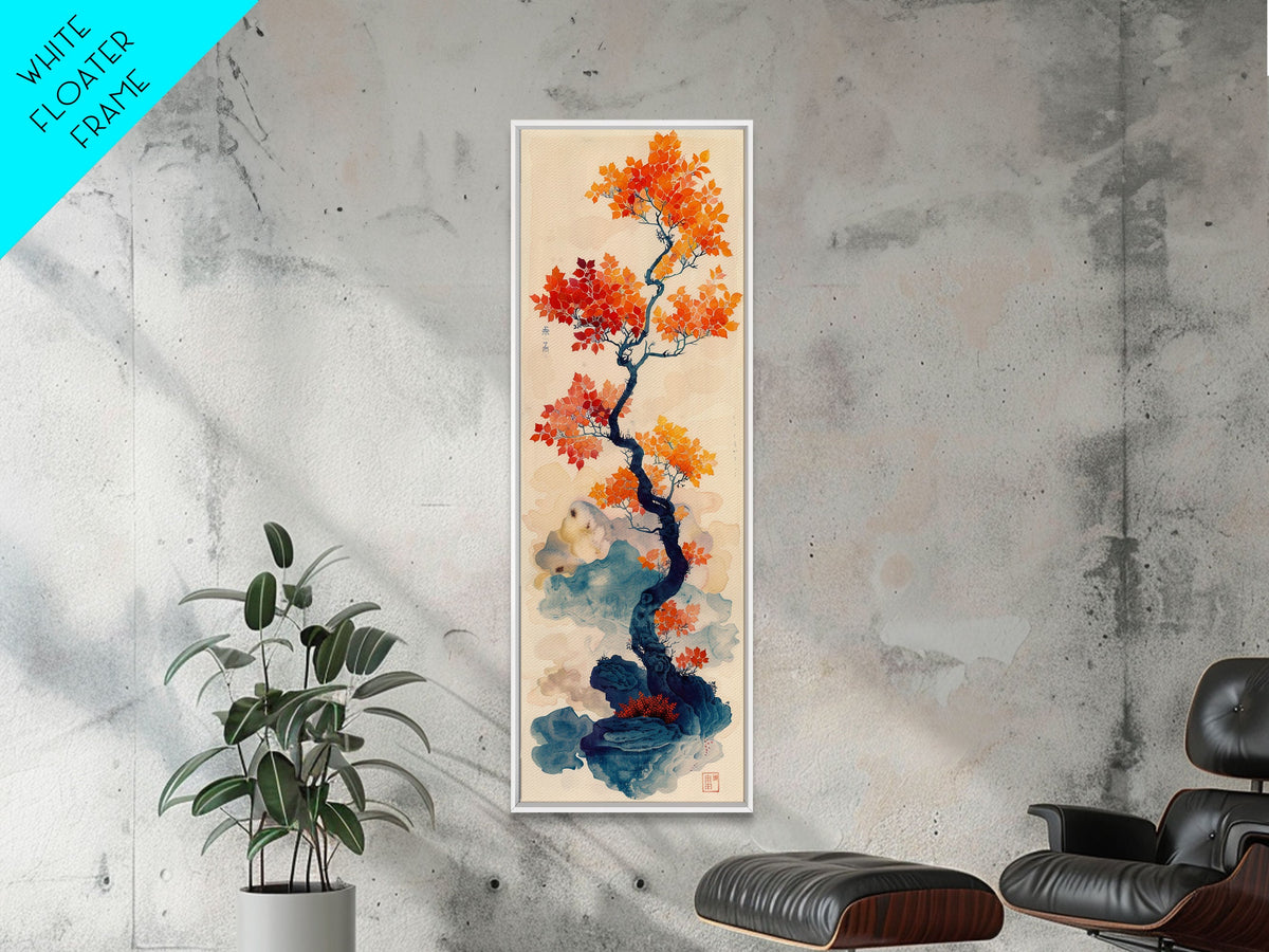 Japanese Maple Tree In Autumn Colors, Ukiyo-e Woodblock Print Style Canvas, Framed Canvas Print, Tall Skinny Japanese Wall Art, Ready To Hang