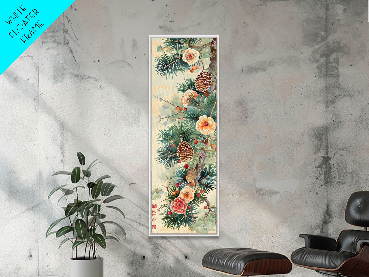 Pine Tree Branches With Blossoms And Pine Cones In Japanese Style Ukiyo-e Art Framed Canvas Print Skinny Art Tall Art