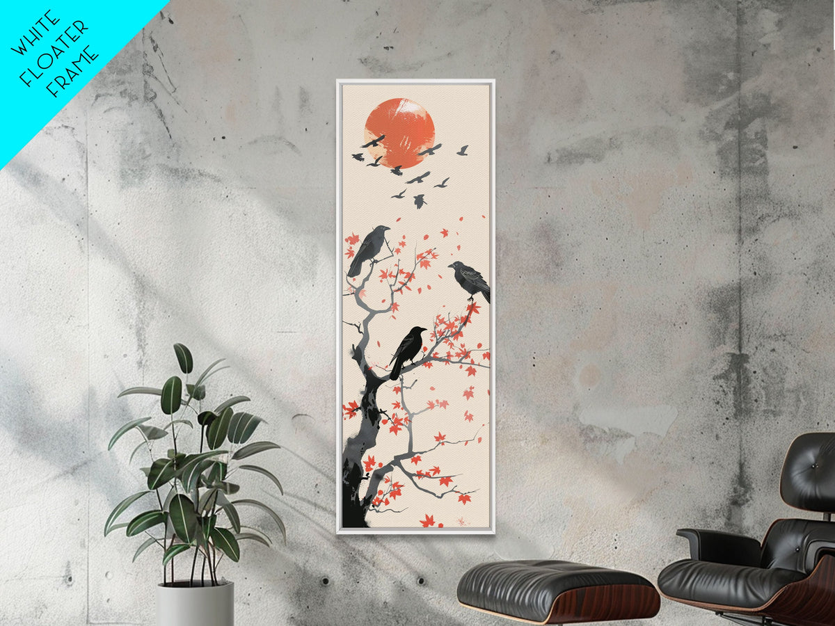 Crows On Bare Tree Branches Against Red Sun Skinny Art Wood Block Print Japanese Style Art Framed Canvas Print Tall Art Ukiyo-e Art