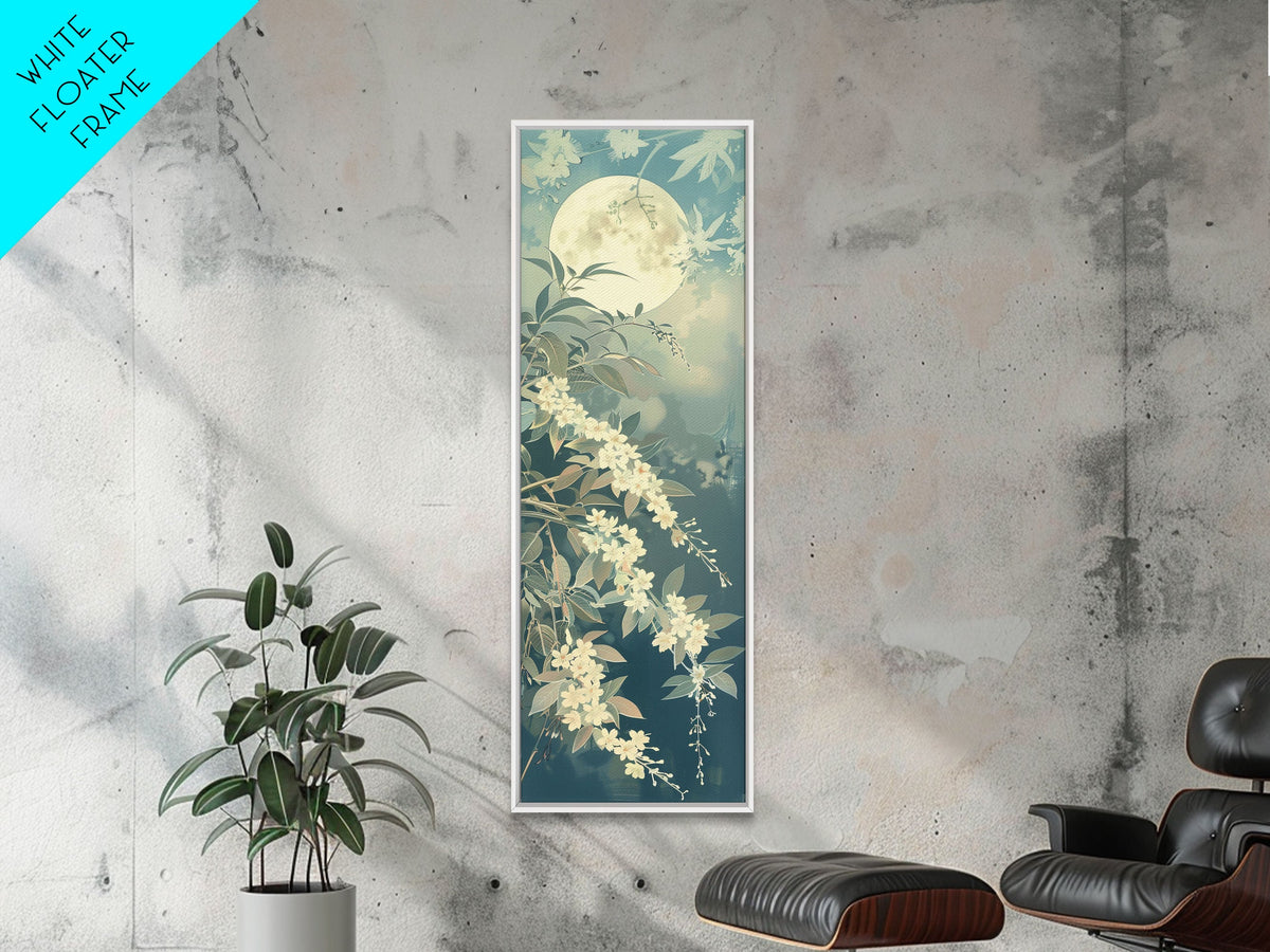 Delicate White Flowers and Full Moon in a Tranquil Night Setting - Skinny Art, Japanese Wall Decor, Framed Canvas Print, Ukiyo-e Style