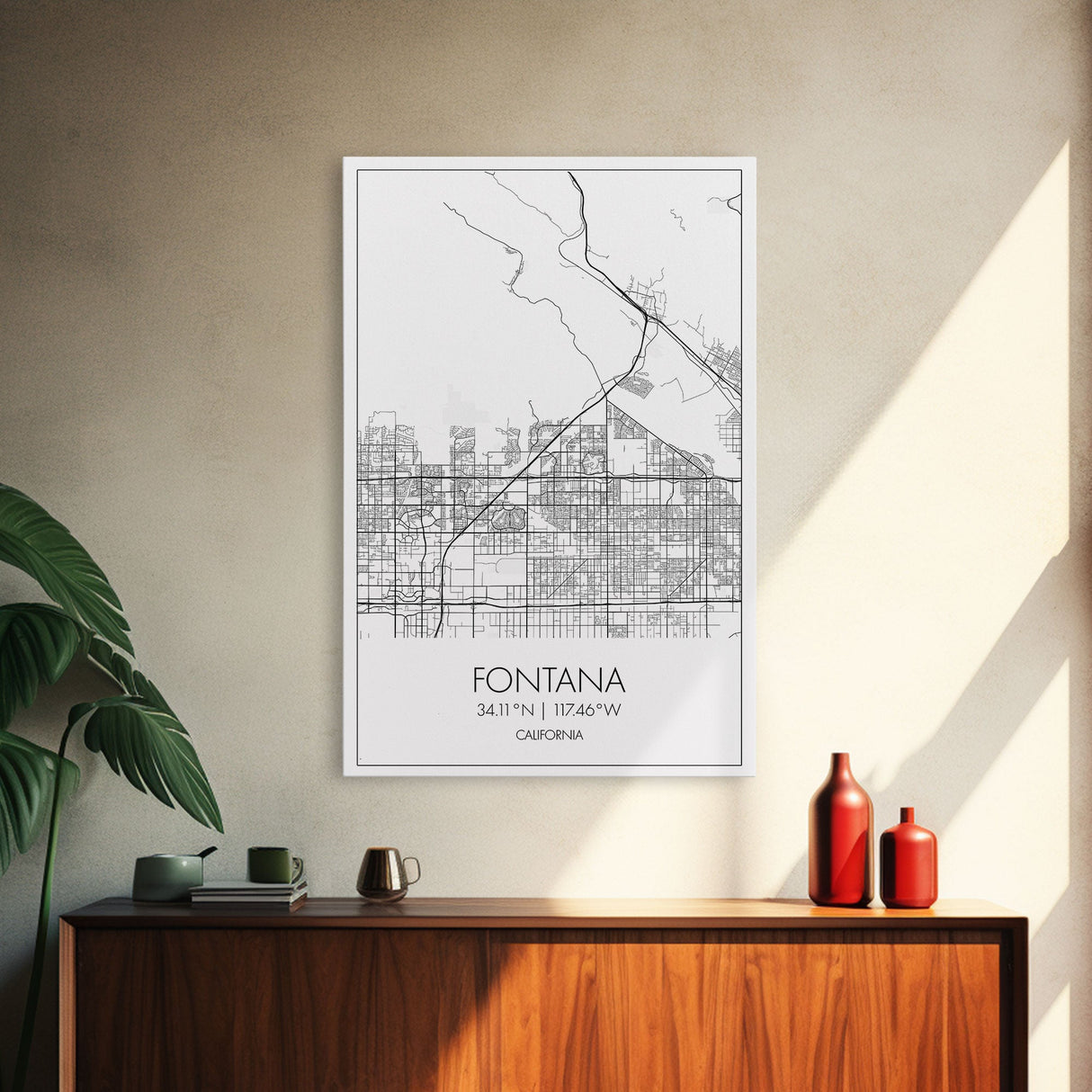 Fontana Street Map, California Map, City Map Art, Minimalist Art, Wall Art, Canvas Print, Unique Wall Art, Travel Décor, Travel Gift For Men