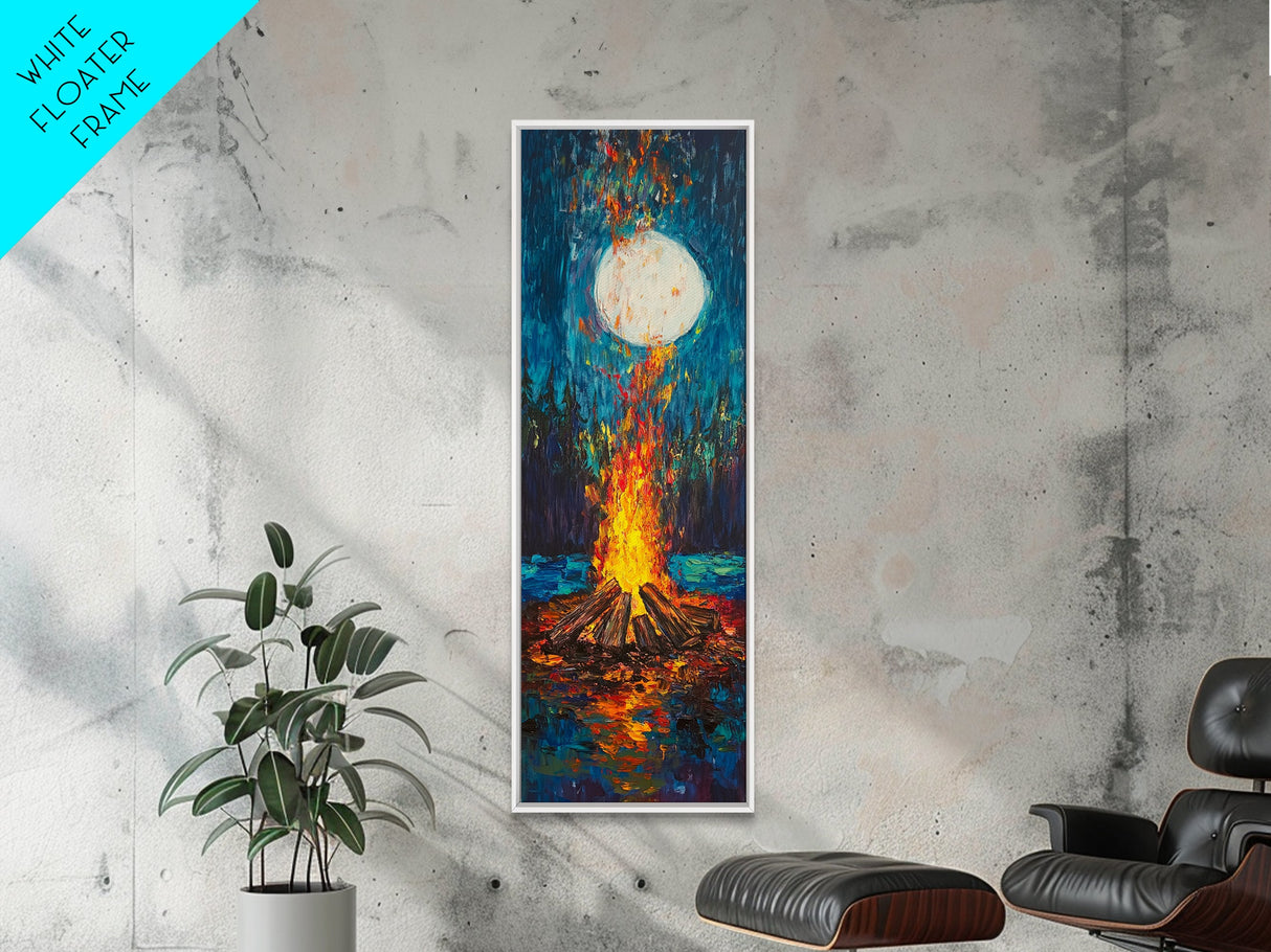 Moonlit Campfire Framed Canvas Print moody art mountain painting above couch art rustic wall art tall narrow art