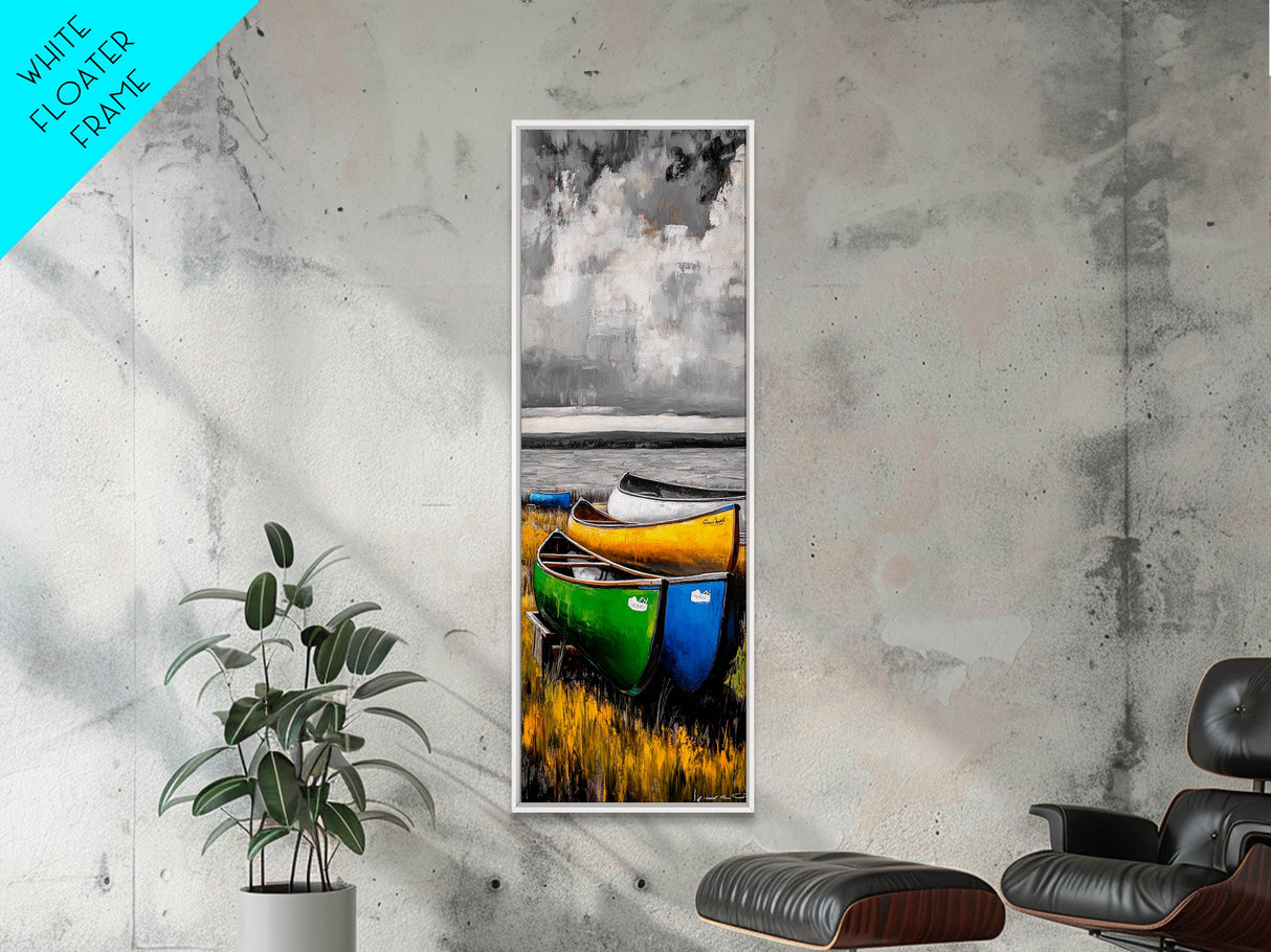 Abstract Canoe Painting Canvas Print Nautical Decor Rustic Wall Art Coastal Landscape Art Blue and Green Wall Art Tall Skinny Art