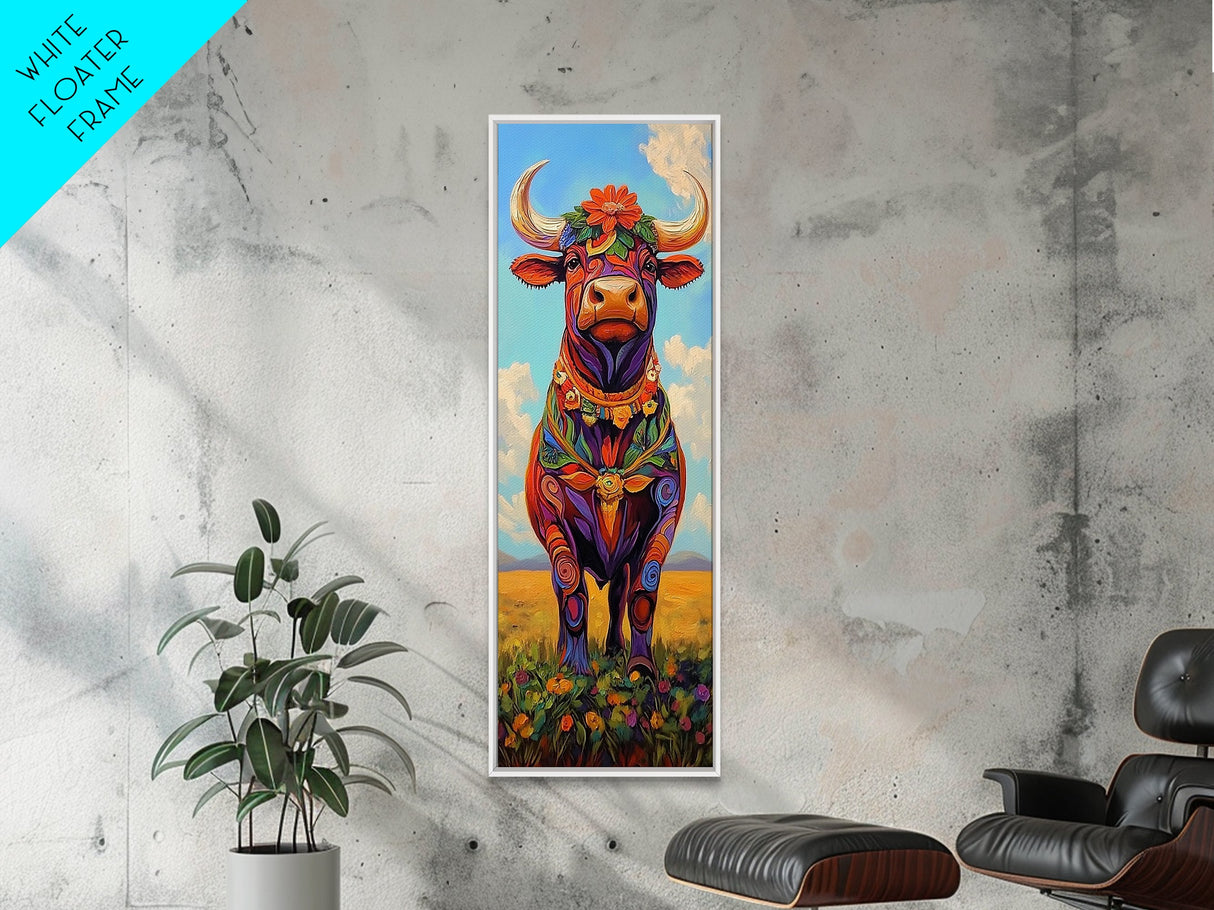 Colorful Cow Painting Framed Canvas Print Whimsical Art Rustic Decor Folk Art Southwest Wall Art Boho Art Gift Idea