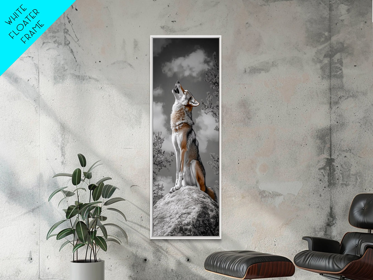 Howling Coyote on Rock Framed Canvas Print | Rustic Western Wall Art | Wildlife Painting | Moody Art | Farmhouse Decor | Gift Idea