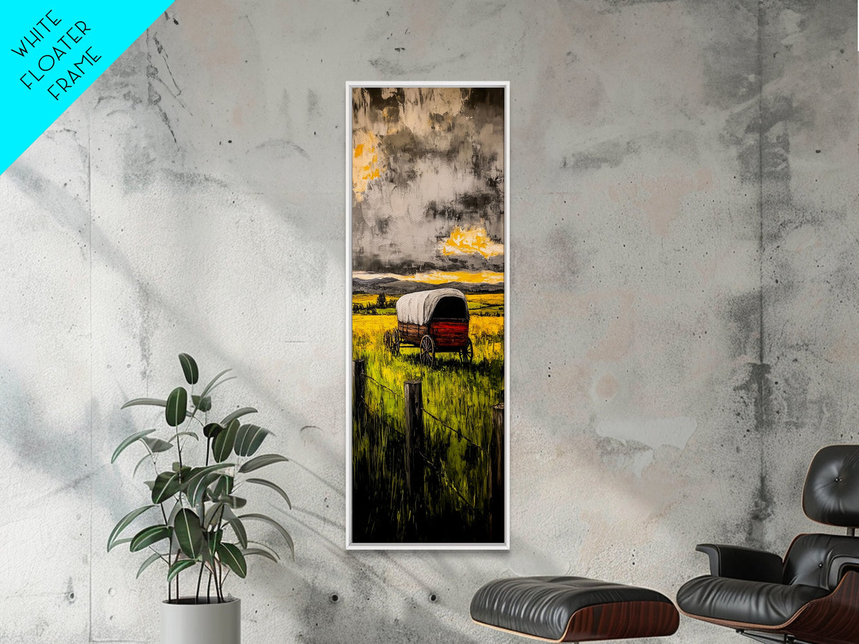 Scenic Prairie Wagon Art Framed Canvas Print, Rustic Decor, Farmhouse Art, Moody Art, Above Couch Art, Extra Wide Art