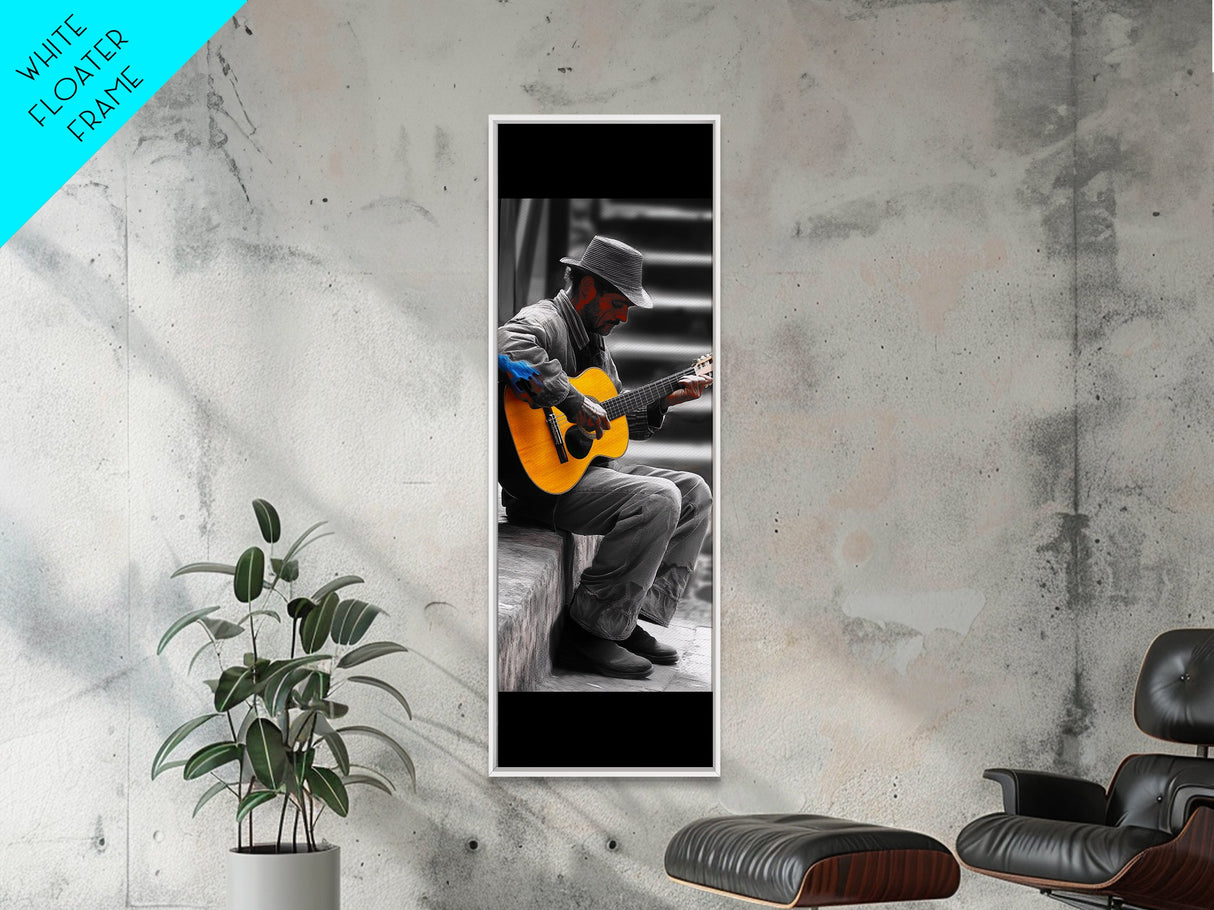 Street Musician with Guitar Framed Canvas Print | Moody Urban Wall Art | Rustic Decor | Music Art | Farmhouse Wall Art | Gift Idea