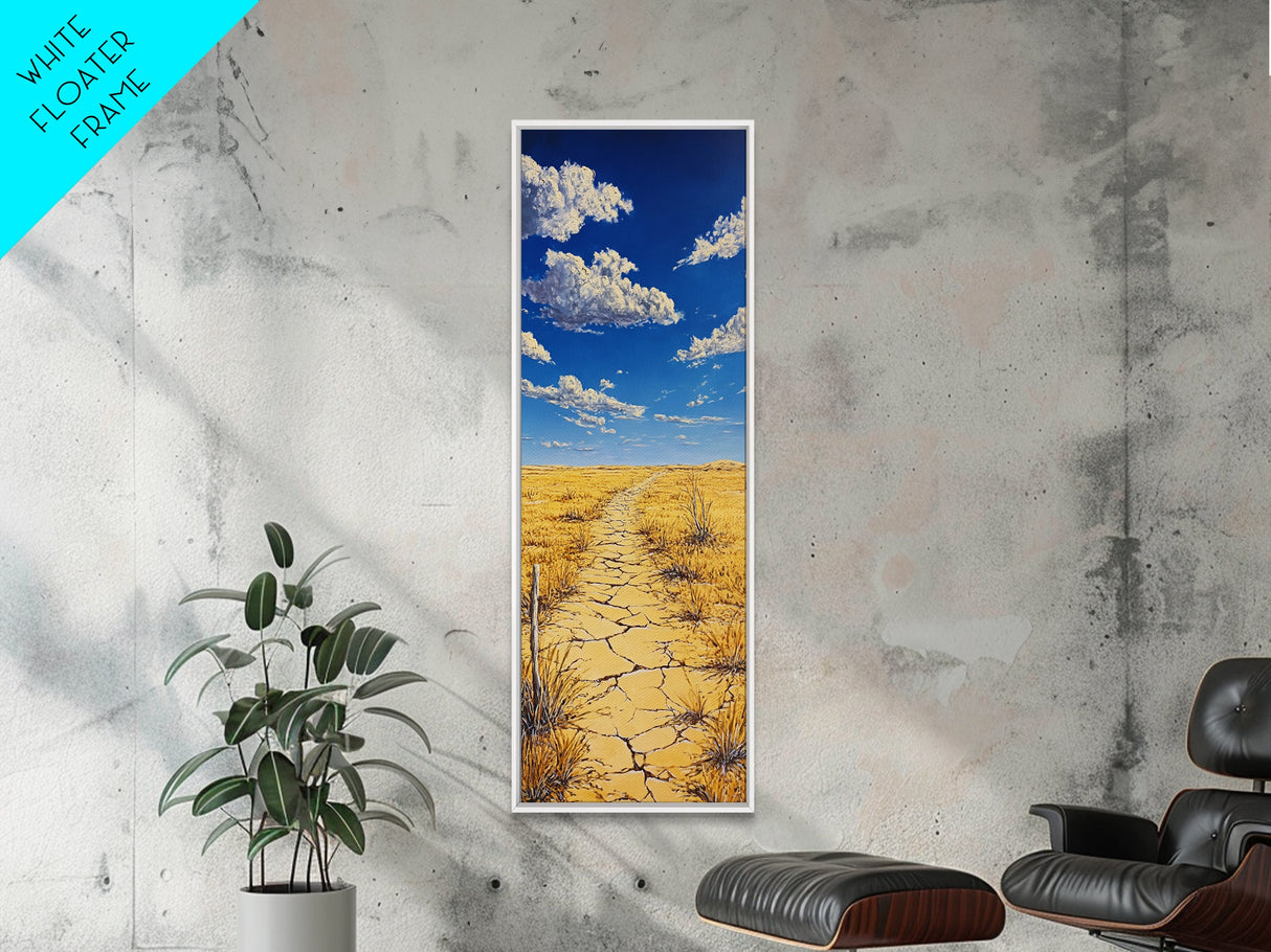 Golden Prairie Trail Framed Canvas Print rustic wall art, southwest wall art, landscape painting, farmhouse art, extra wide art, panoramic painting, above sofa art, wabi sabi art, Joshua tree art