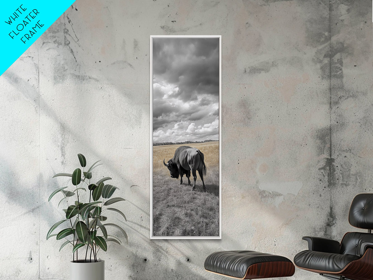 Lone Bison in Field Framed Canvas Print | Rustic Wall Art | Moody Art | Wildlife Painting | Farmhouse Decor | Southwest Wall Art | Gift Idea