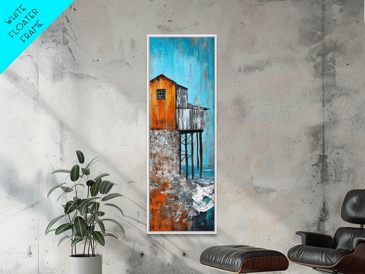 Rustic Stilt House Coastal Canvas Print Coastal Wall Art Nautical Painting Seascape Painting Blue And Green Wall Art Nautical Decor
