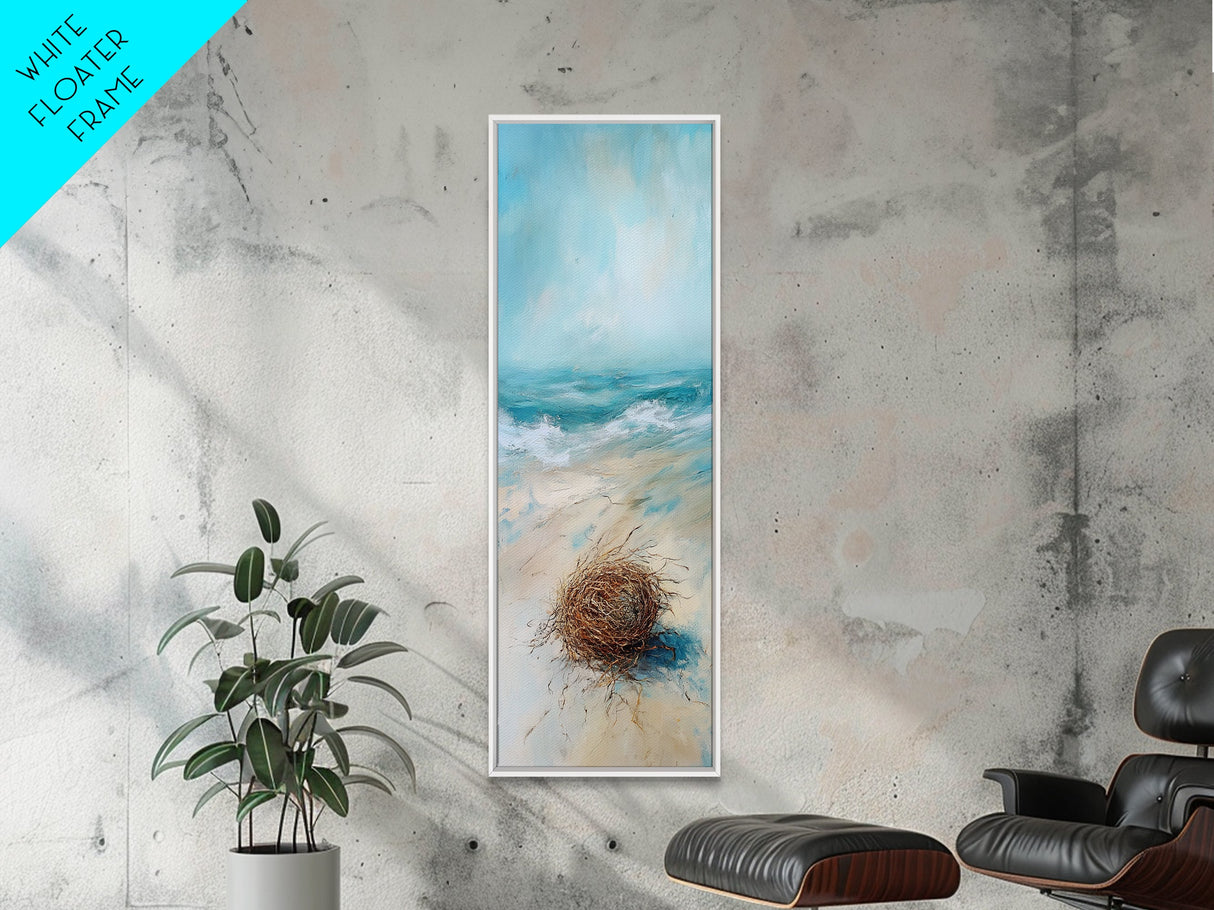 Serene Beach Nest Framed Canvas Print coastal landscape art wabi sabi wall art minimalist art nautical decor ocean painting seascape