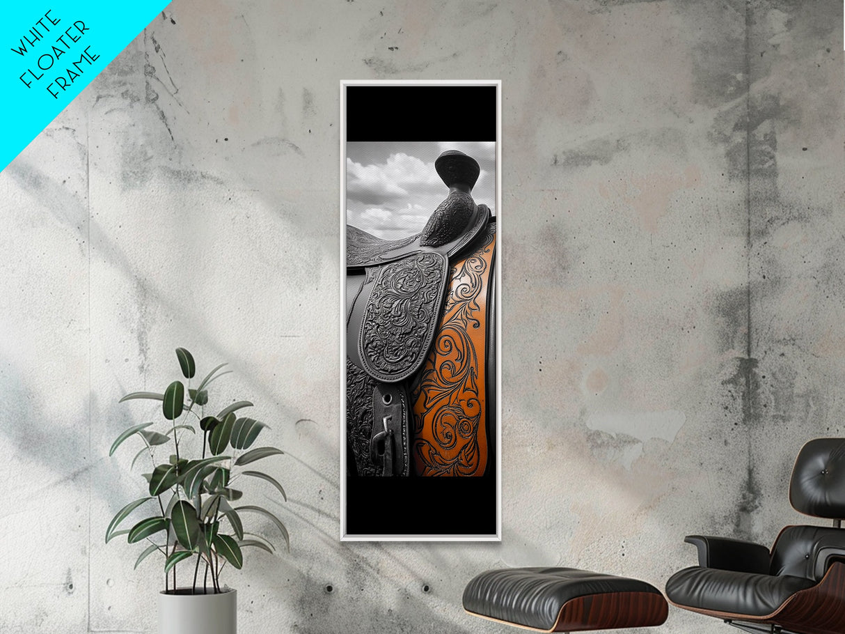 Leather Saddle Art, Framed Canvas Print, rustic wall art, cowboy painting, vintage horse art, farmhouse art, extra wide art, wabi sabi art