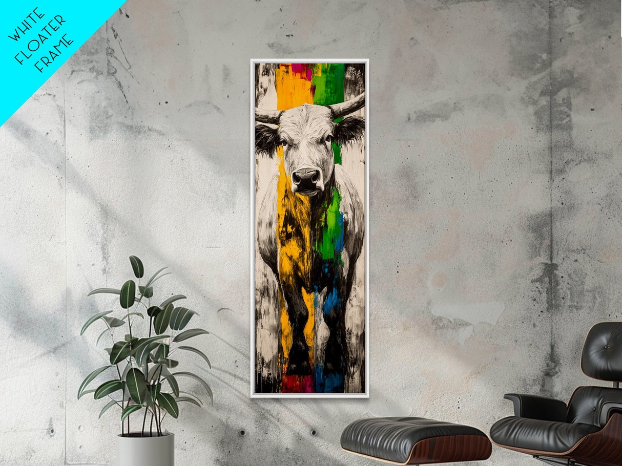 Colorful Bull Art Framed Canvas Print bull and bear art rustic decor farmhouse art southwest wall art geometric wall art extra wide art