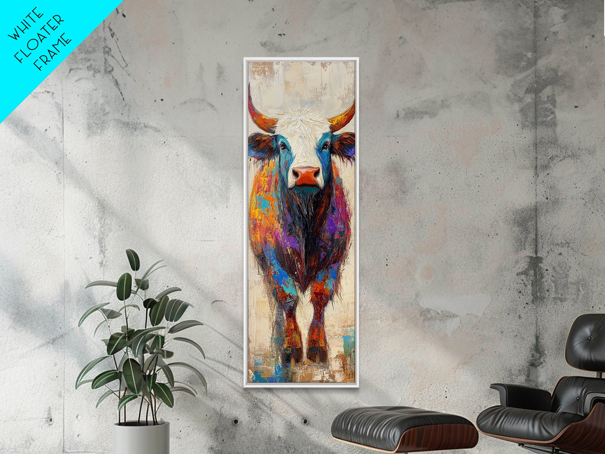 Colorful Bull Painting Canvas Print rustic wall art, barn landscape oil painting, farmhouse art, gift idea him, moody art decor
