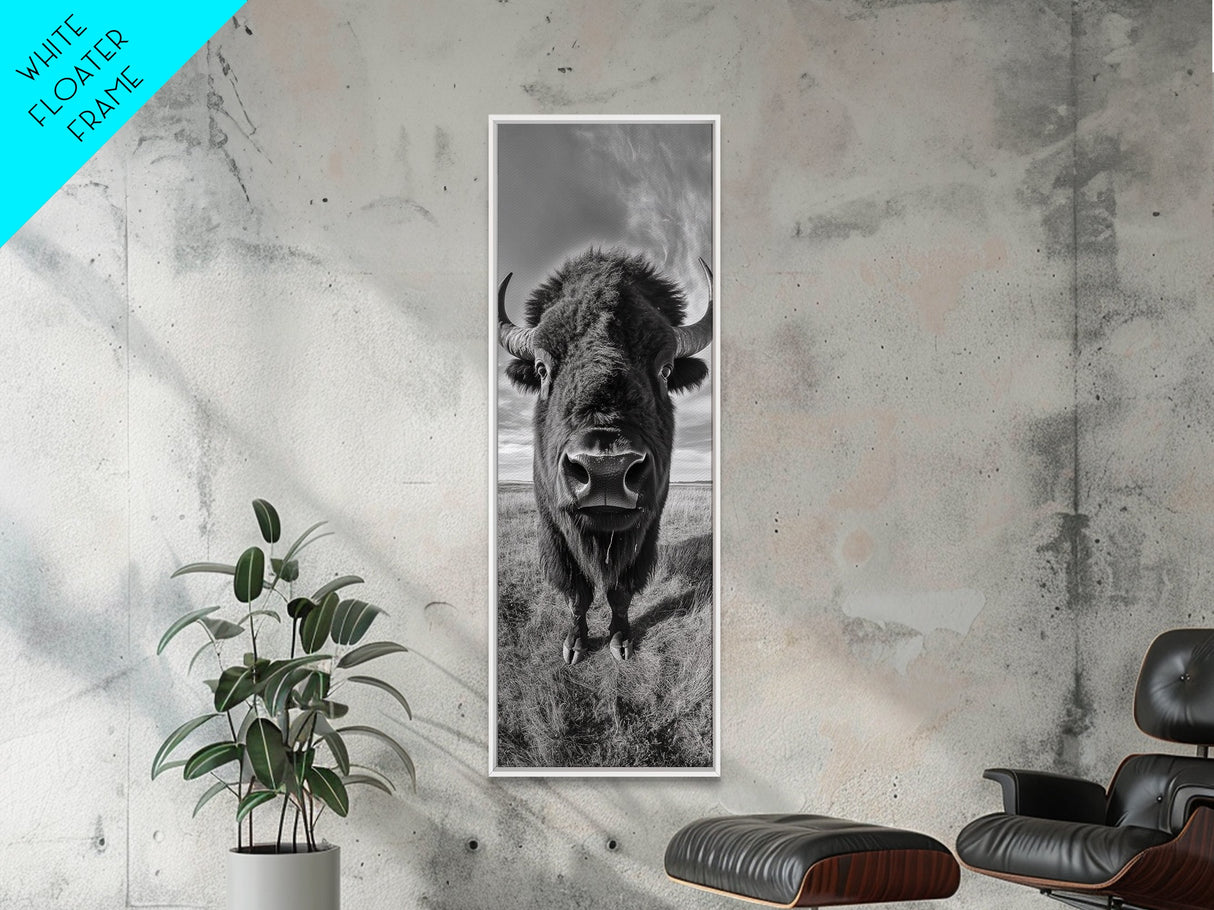 Majestic Bison Close-Up, Framed Canvas Print, rustic wall art, cowboy home décor, wildlife photography, farmhouse art, black and white photography