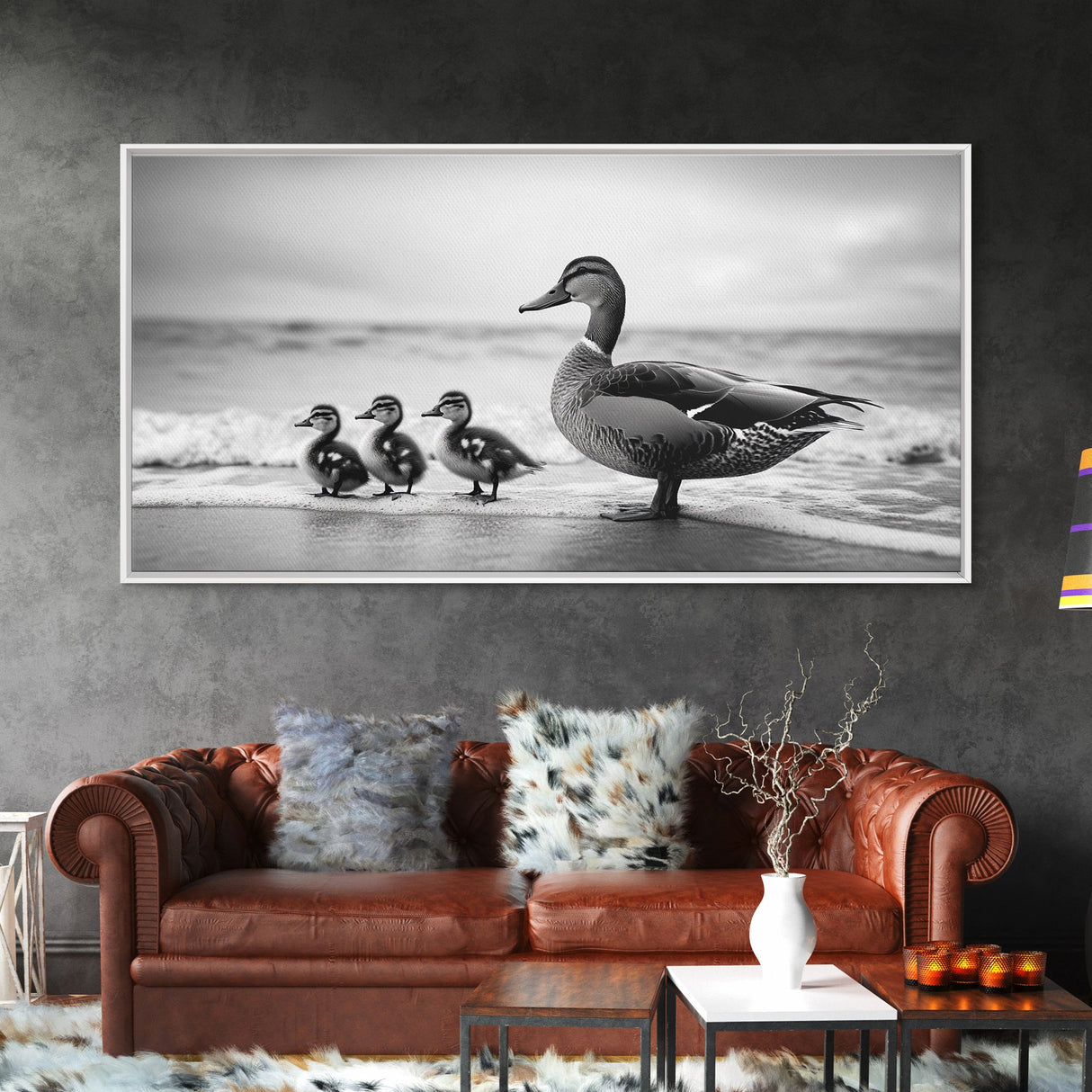Duck family, bird art, whimsical art, coastal decor, nature painting, extra wide art, panoramic art, above couch art, framed canvas print