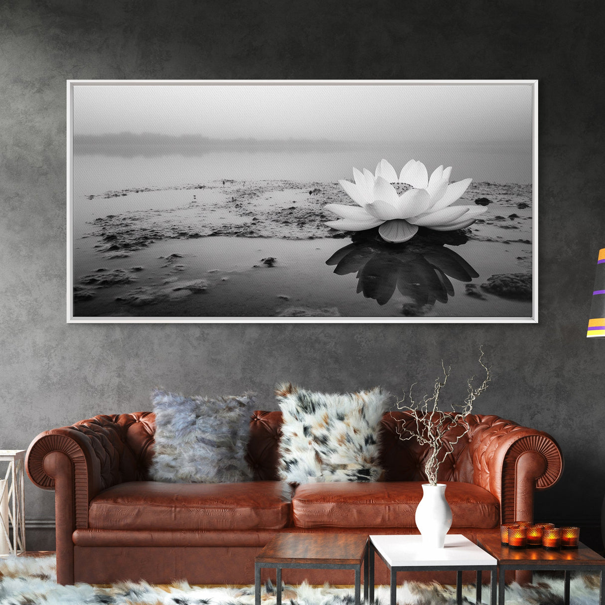 Lotus, Zen Wall Art, Minimalist Art, Coastal Landscape Art, Wabi Sabi Art, Panoramic Art, Moody Art, Framed Canvas Print