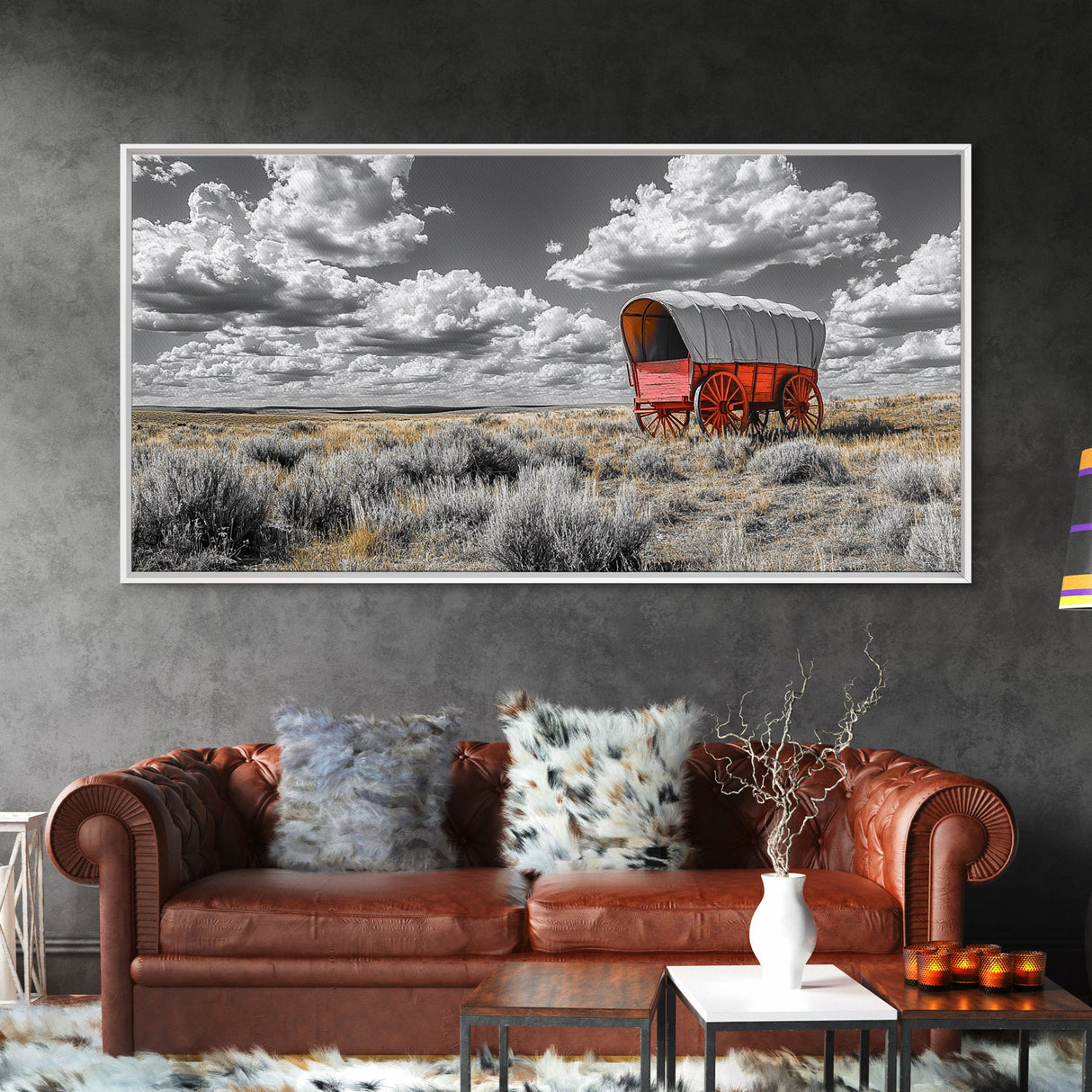 Red Covered Wagon Canvas Print | Rustic Farmhouse Art | Southwest Wall Art | Landscape Painting | Moody Art | Above Couch Art | Extra Wide Art
