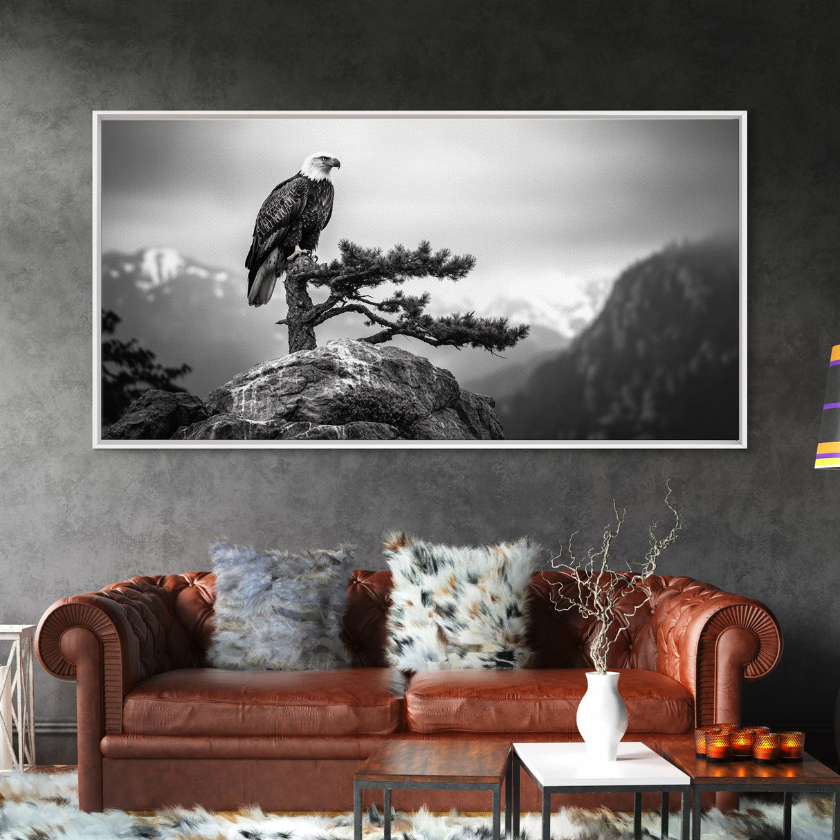 Majestic Bald Eagle, pine tree art, bird art, nature photography, mountain painting, wildlife art, extra wide art, framed canvas print