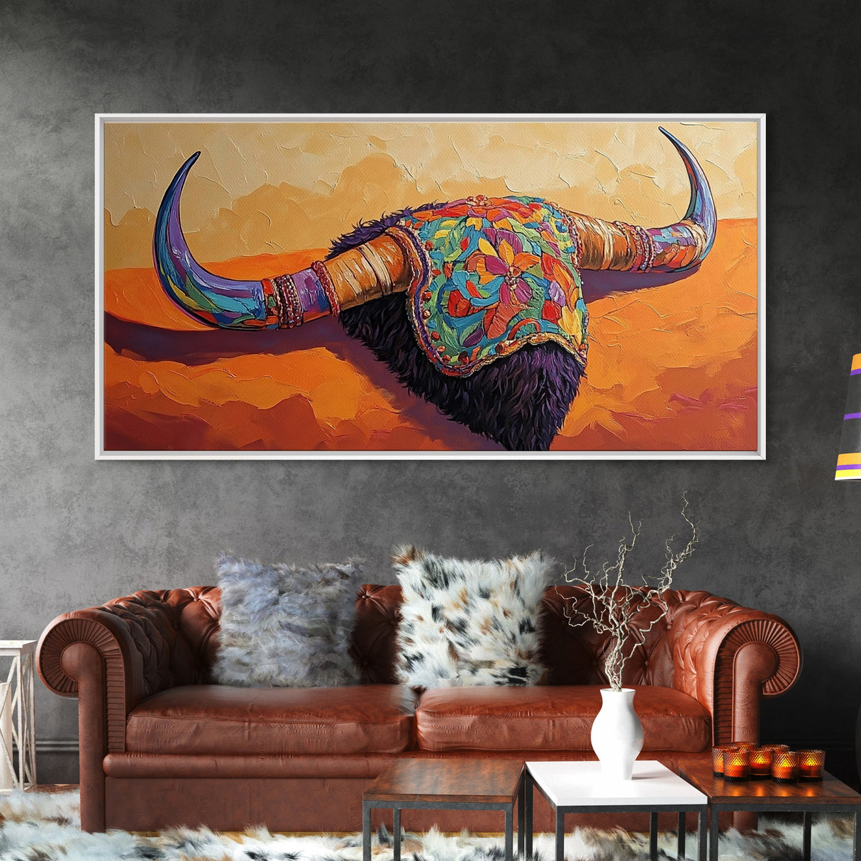 Vibrant Bull Skull, southwest wall art, rustic decor, boho art, moody art, unique gift idea, bright bold painting, framed canvas print