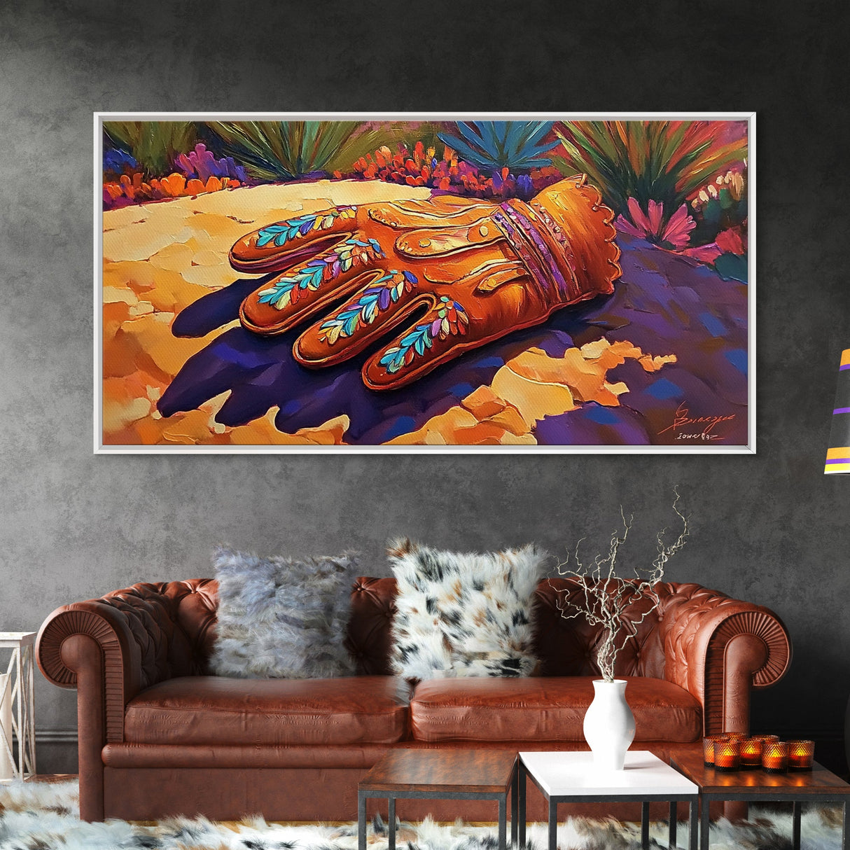 Embroidered Leather Glove, cowboy painting, rustic decor, western art, textured painting, colorful art, vibrant rustic scene, canvas print
