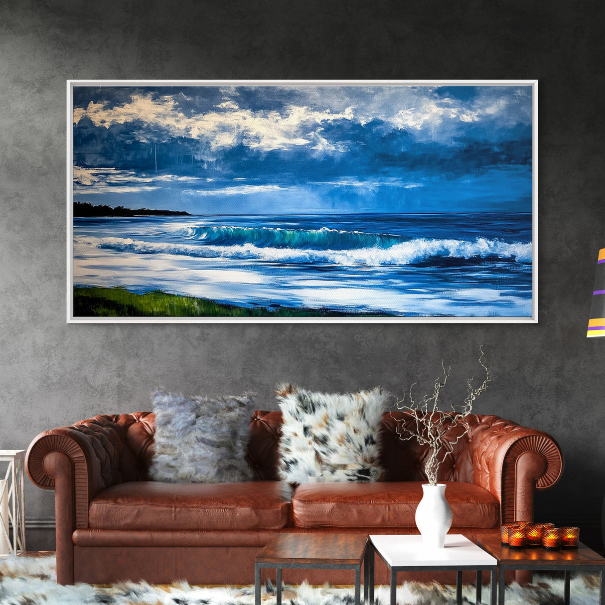 Ocean Waves, coastal decor, nautical painting, blue and green wall art, surf wall art, lake Tahoe art, Framed Canvas Print, panoramic art