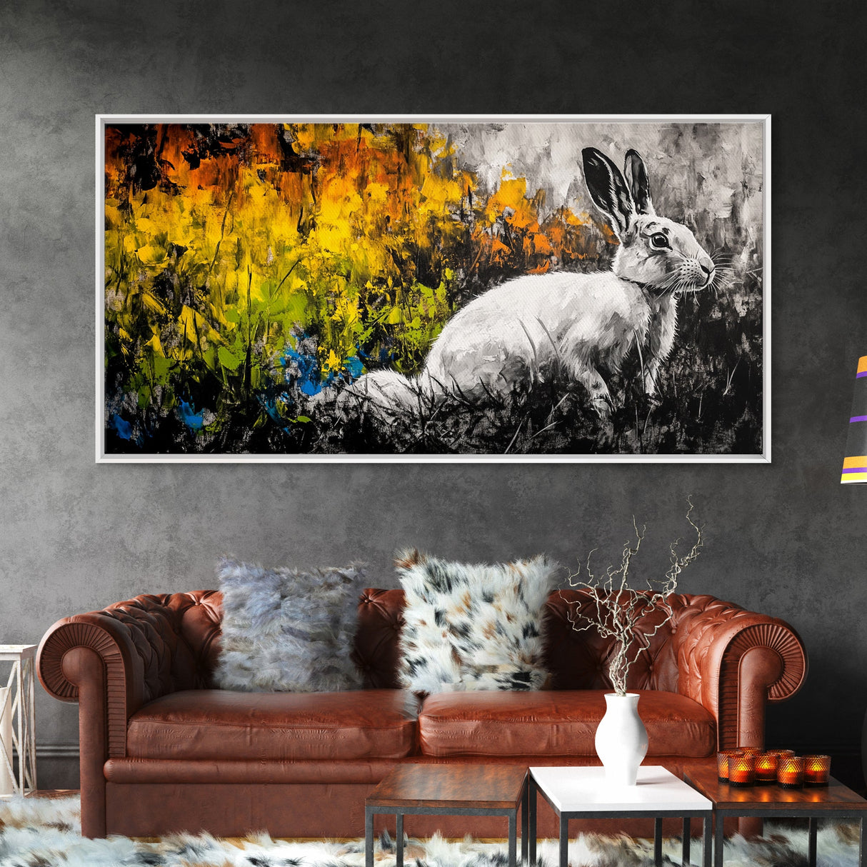 White Rabbit, whimsical art, forest at dusk painting, rustic wall art, farmhouse art, wildflower painting, Framed Canvas Print, cozy decor