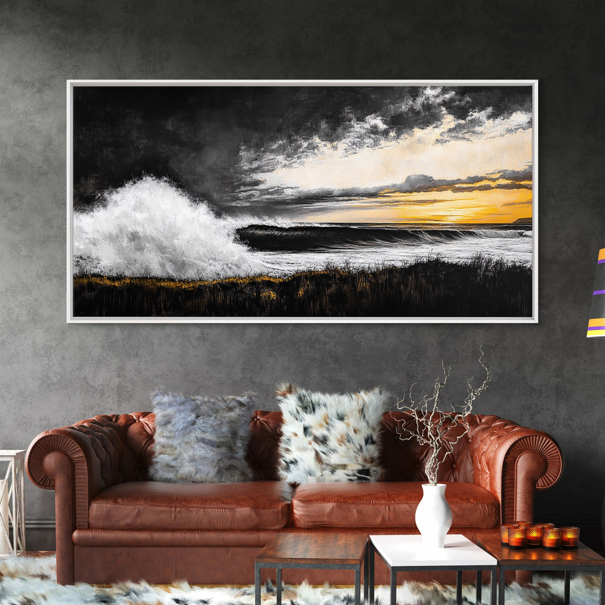 Ocean Waves, coastal wall art, nautical painting, seascape painting, moody art, extra wide art, framed canvas print, panoramic painting