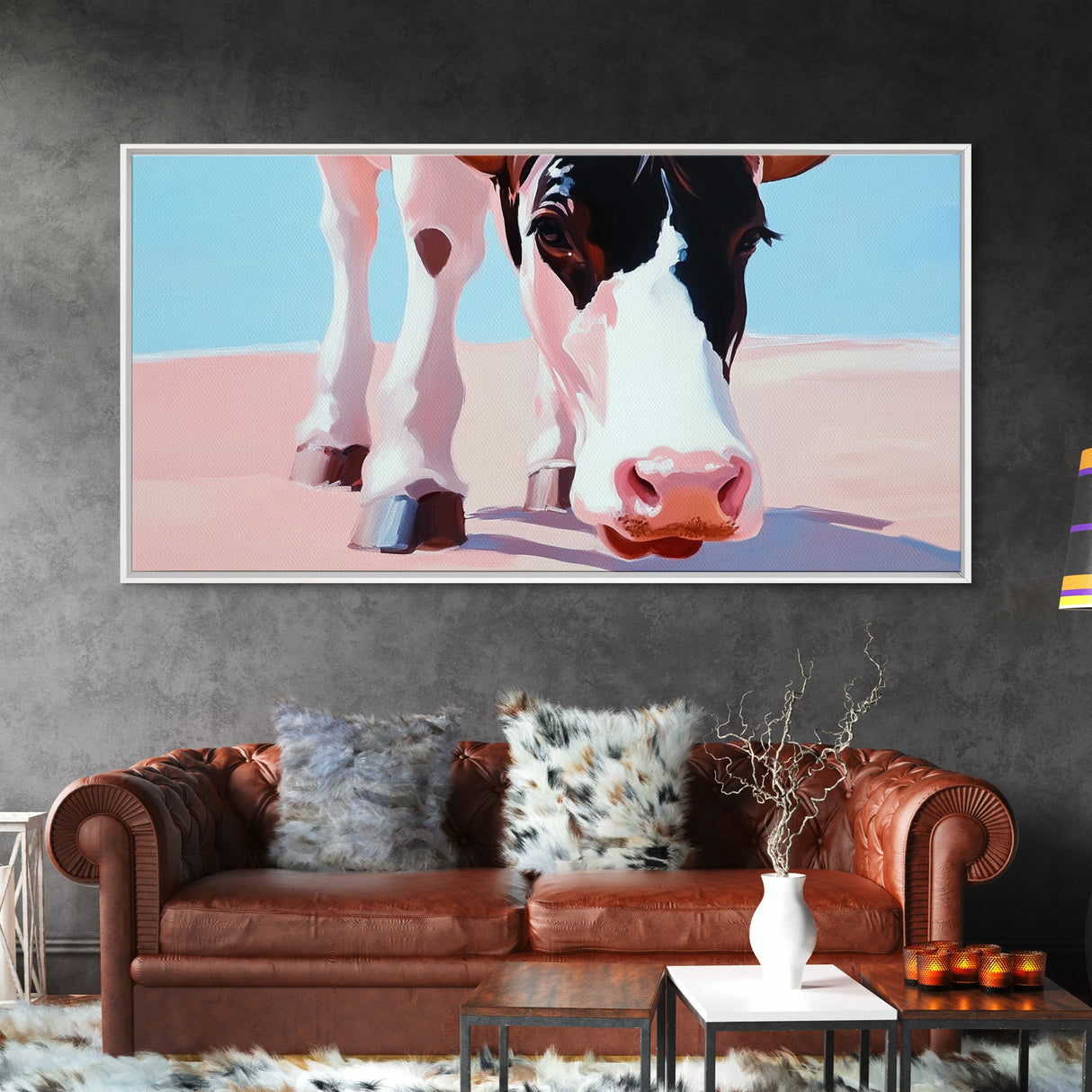 Longhorn Cow, Bull and Bear Art, Rustic Decor, Farmhouse Art, Southwest Wall Art, Light Pink Wall Art, Canvas Print, Living Room Art