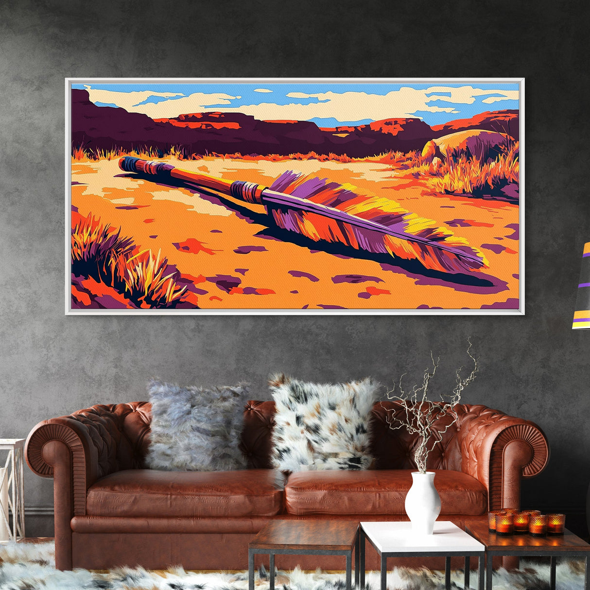 Fallen Arrow, rustic wall art, cowboy painting, southwest wall art, desert landscape, panoramic art, Framed Canvas Print, farmhouse decor, bold