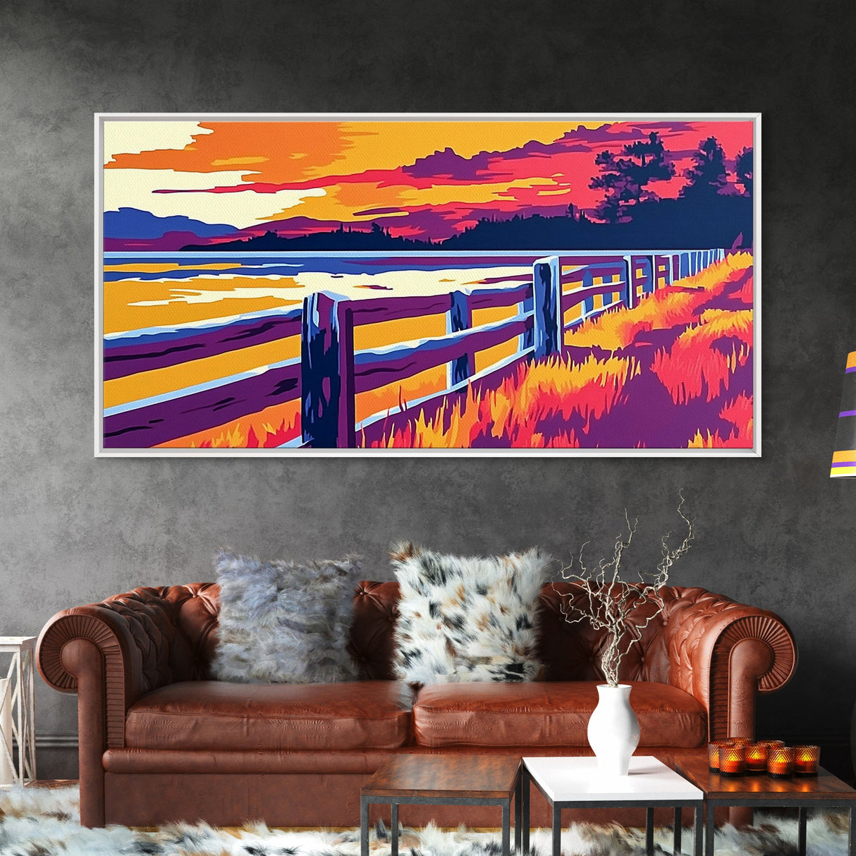 Western Fence, rustic wall art, landscape painting, panoramic art, extra wide art, farmhouse decor, scenic art, Framed Canvas Print, gift idea