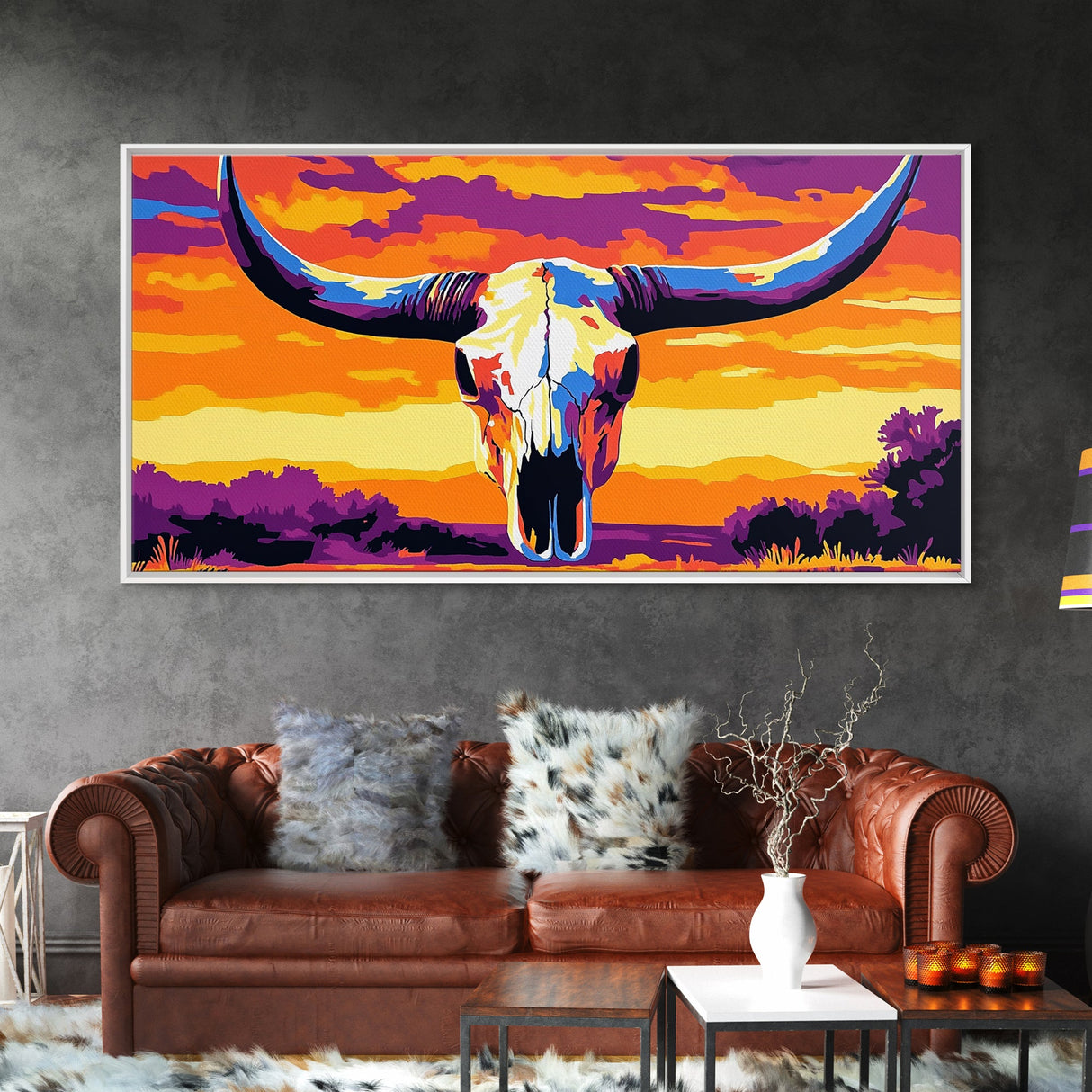 Skull, bull, desert art, cowboy decor, boho wall art, moody sunset, extra wide art, rustic decor, framed canvas print