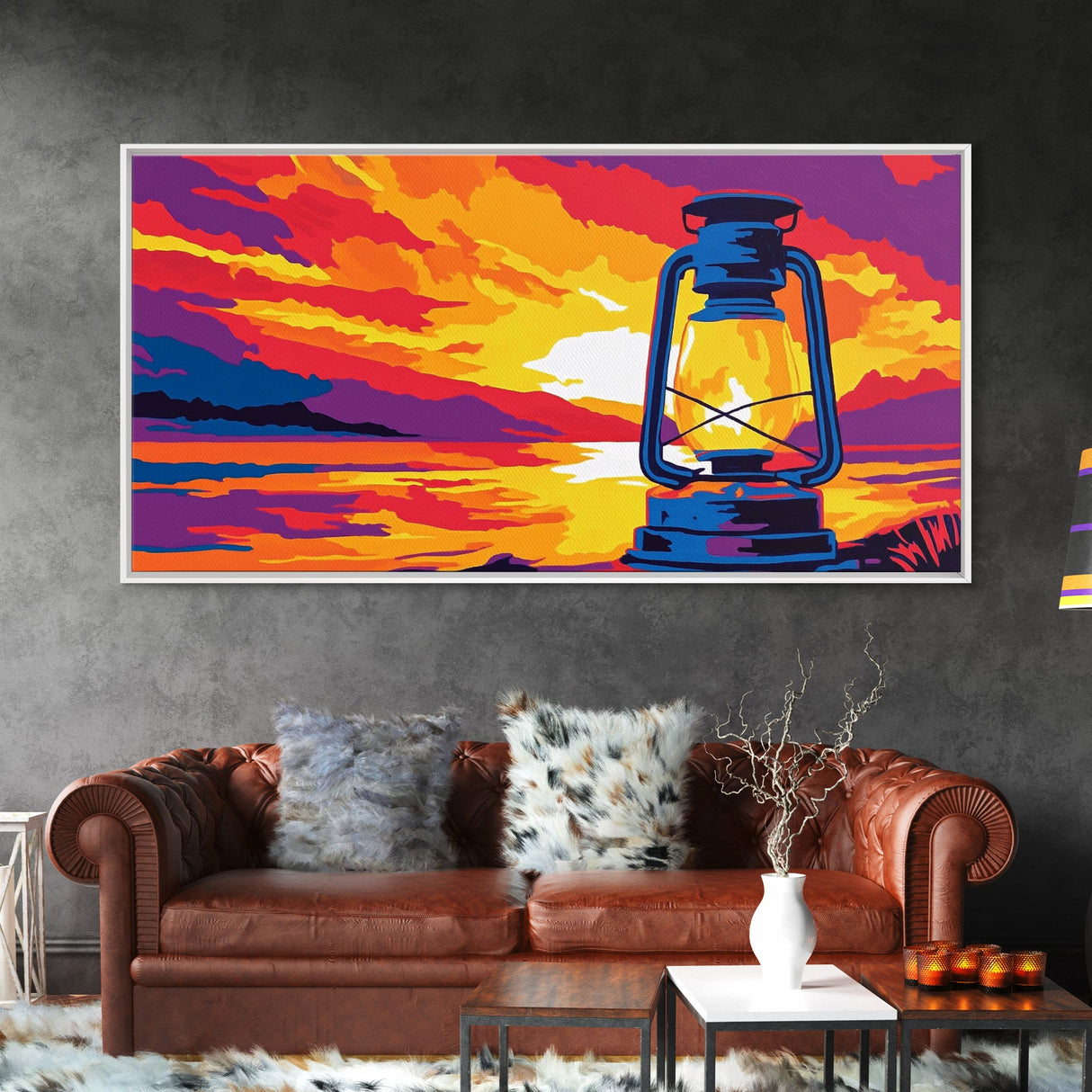 Lantern, rustic, western glow, vintage camping, cowboy night, scenic sunset, farmhouse wall art, extra wide art, canvas print