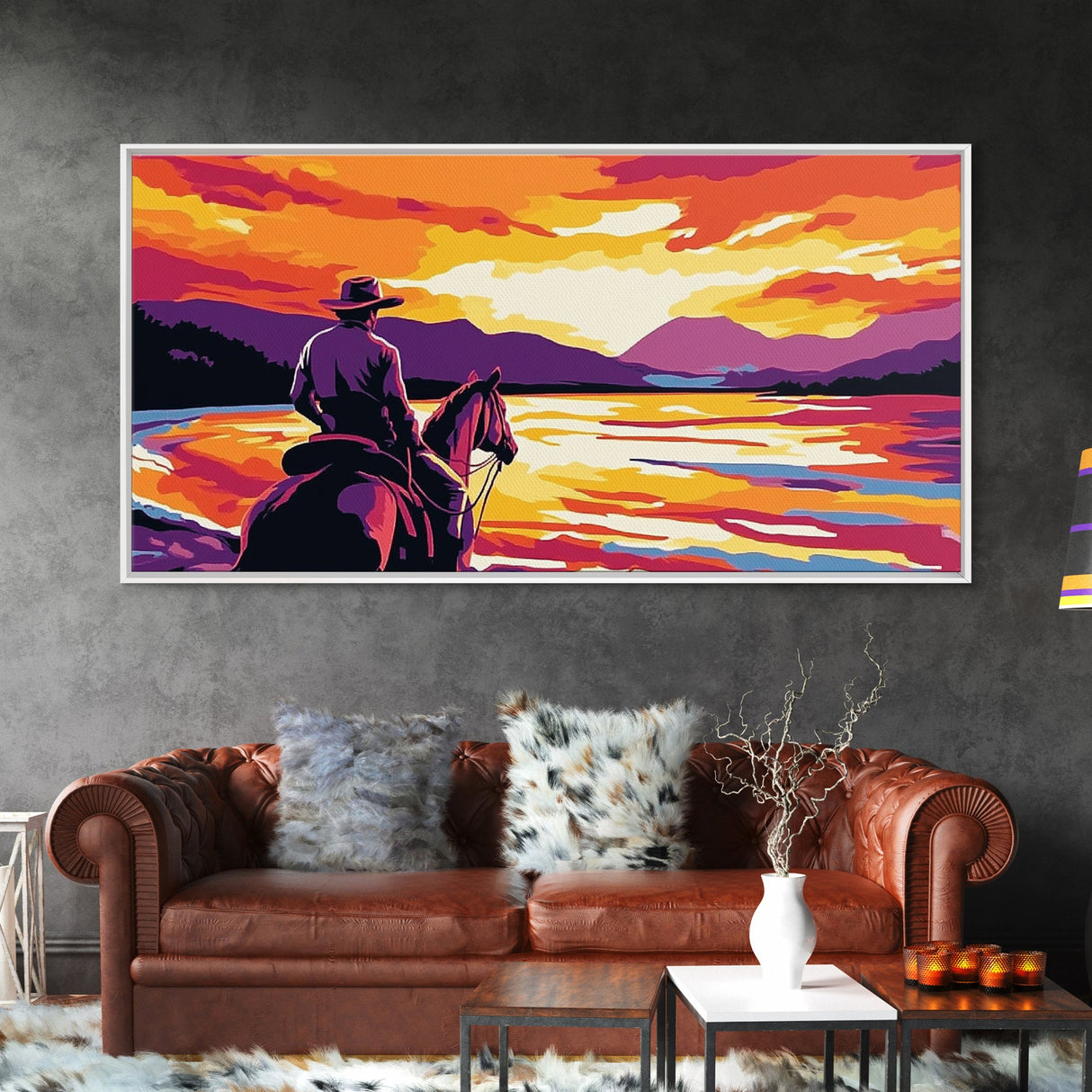 Cowboy on horseback, western silhouette, river sunset, rustic art, moody landscape, extra wide painting, vintage western, framed canvas print