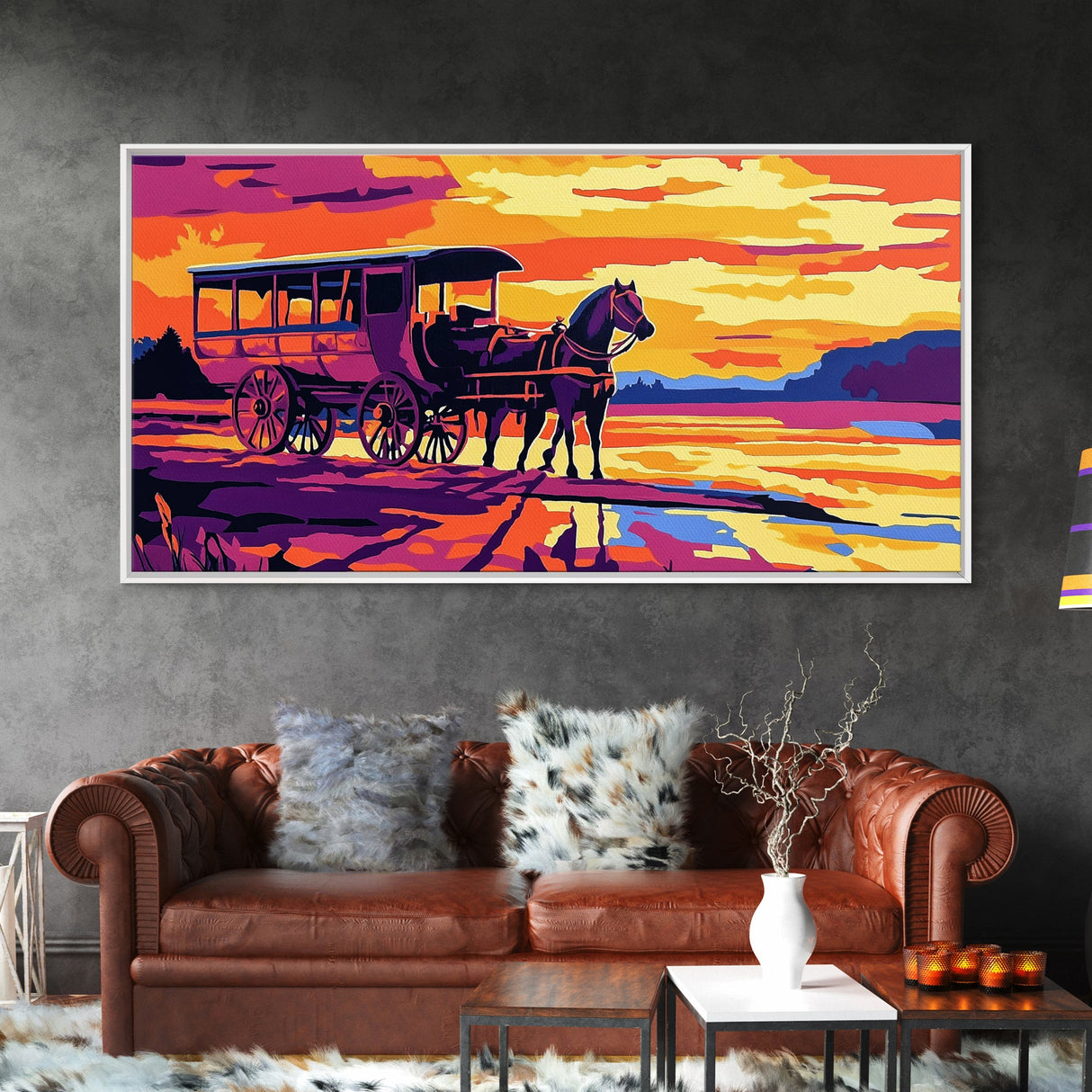 Horse carriage, old west, sunset scene, rustic western art, nostalgic painting, moody colors, extra wide wall art, canvas print
