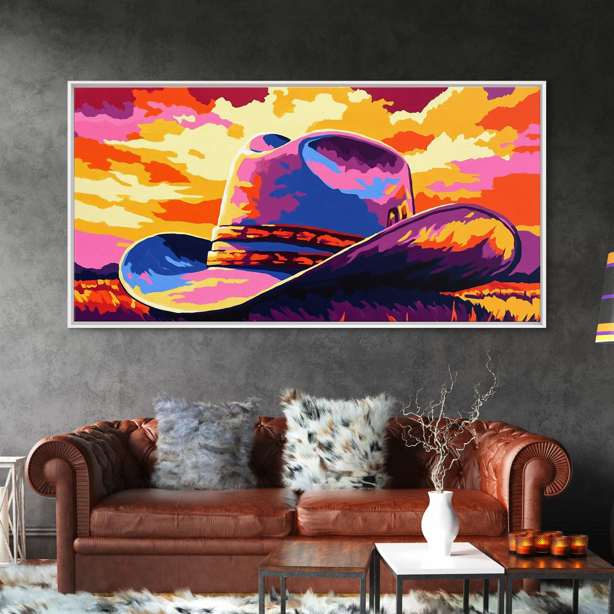Cowboy hat, western decor, rustic style, bold colors, country aesthetic, southwest wall art, moody sunset, framed canvas print