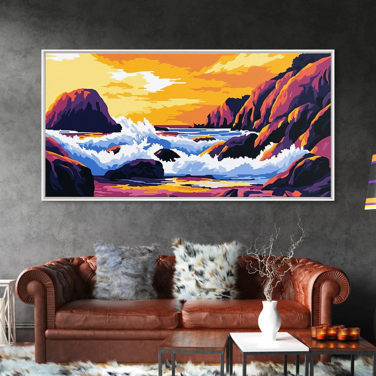 Ocean waves, coastal decor, rocky seascape, beach sunset, nautical wall art, panoramic art, coastal painting, framed canvas print